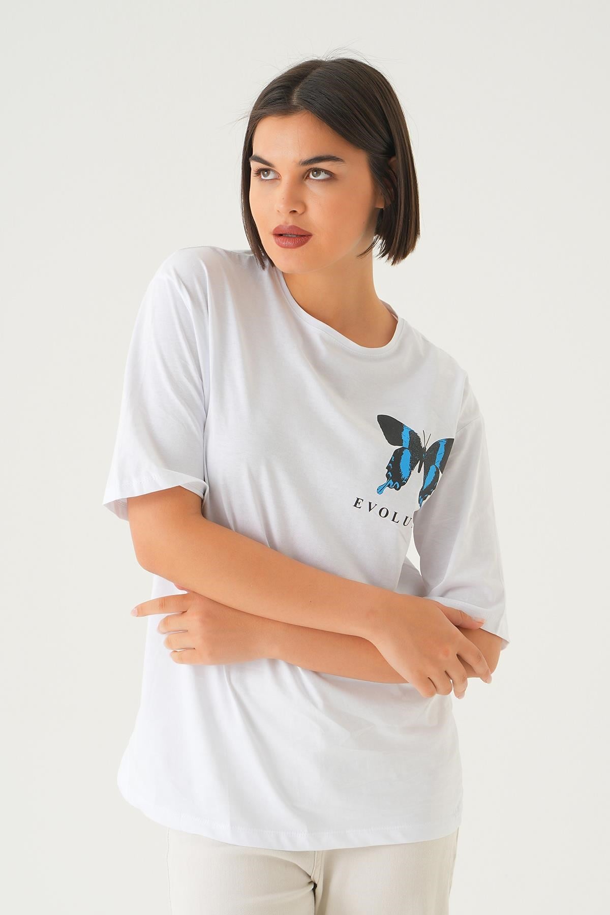 Beyaz Kelebek Baskılı Oversize Tişört 1708
