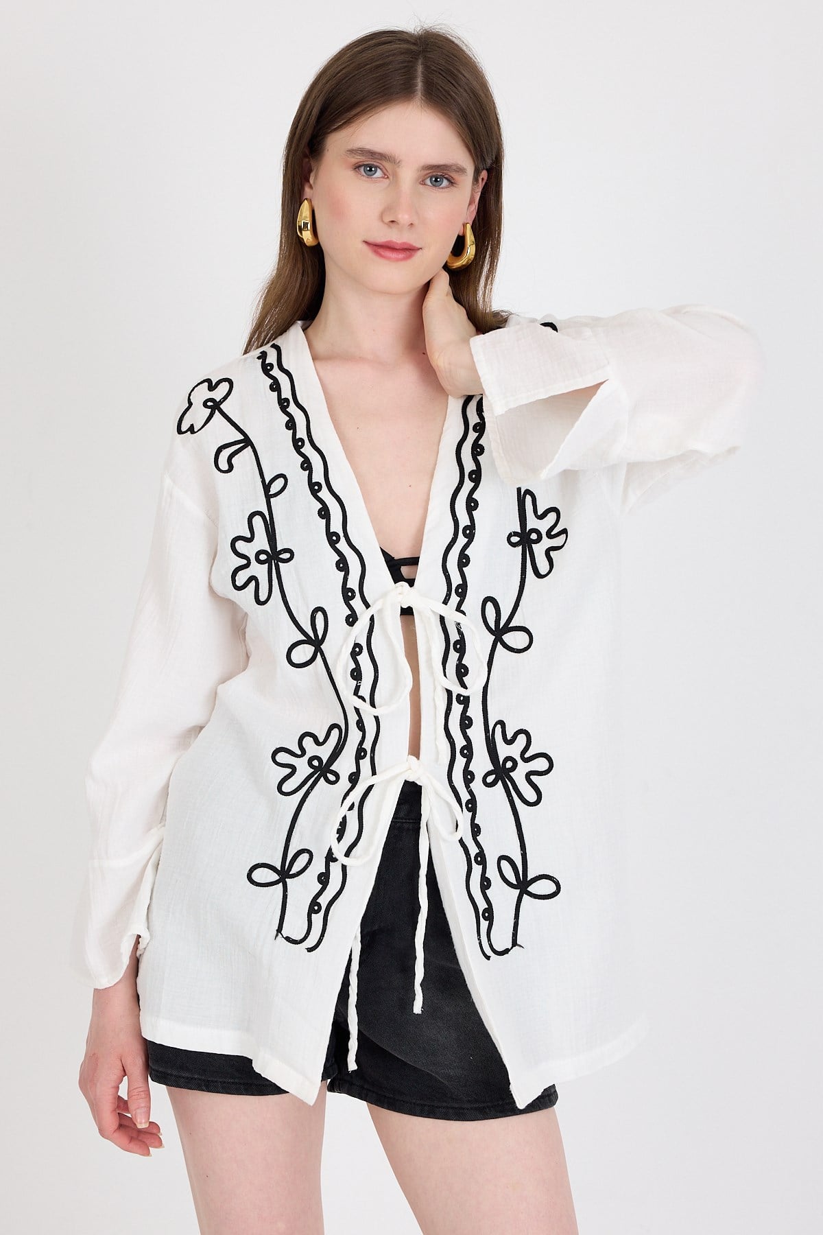Beyaz Keten Görümümlü %100 Pamuk İşlemeli Kimono 4811A