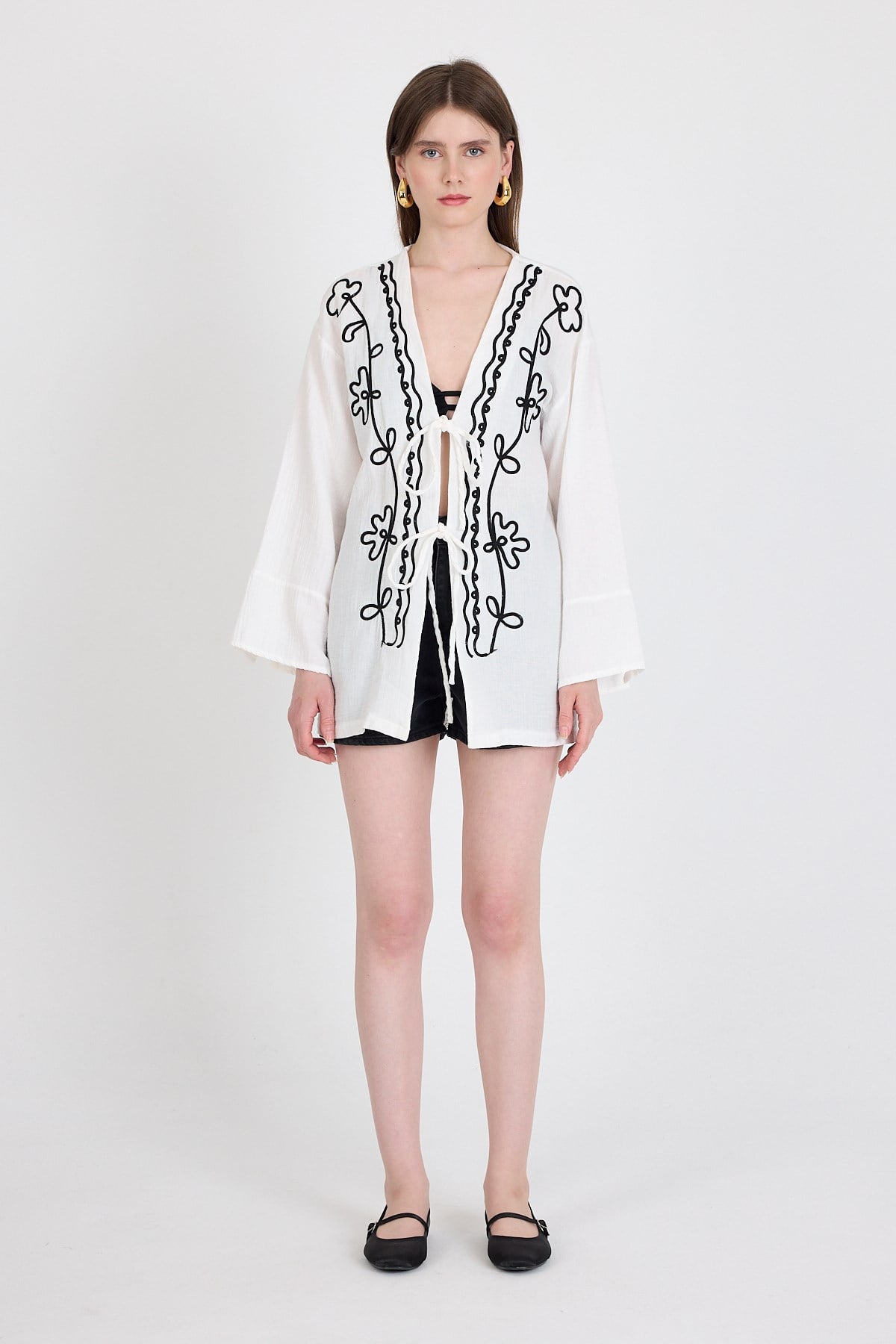 Beyaz Keten Görümümlü %100 Pamuk İşlemeli Kimono 4811A