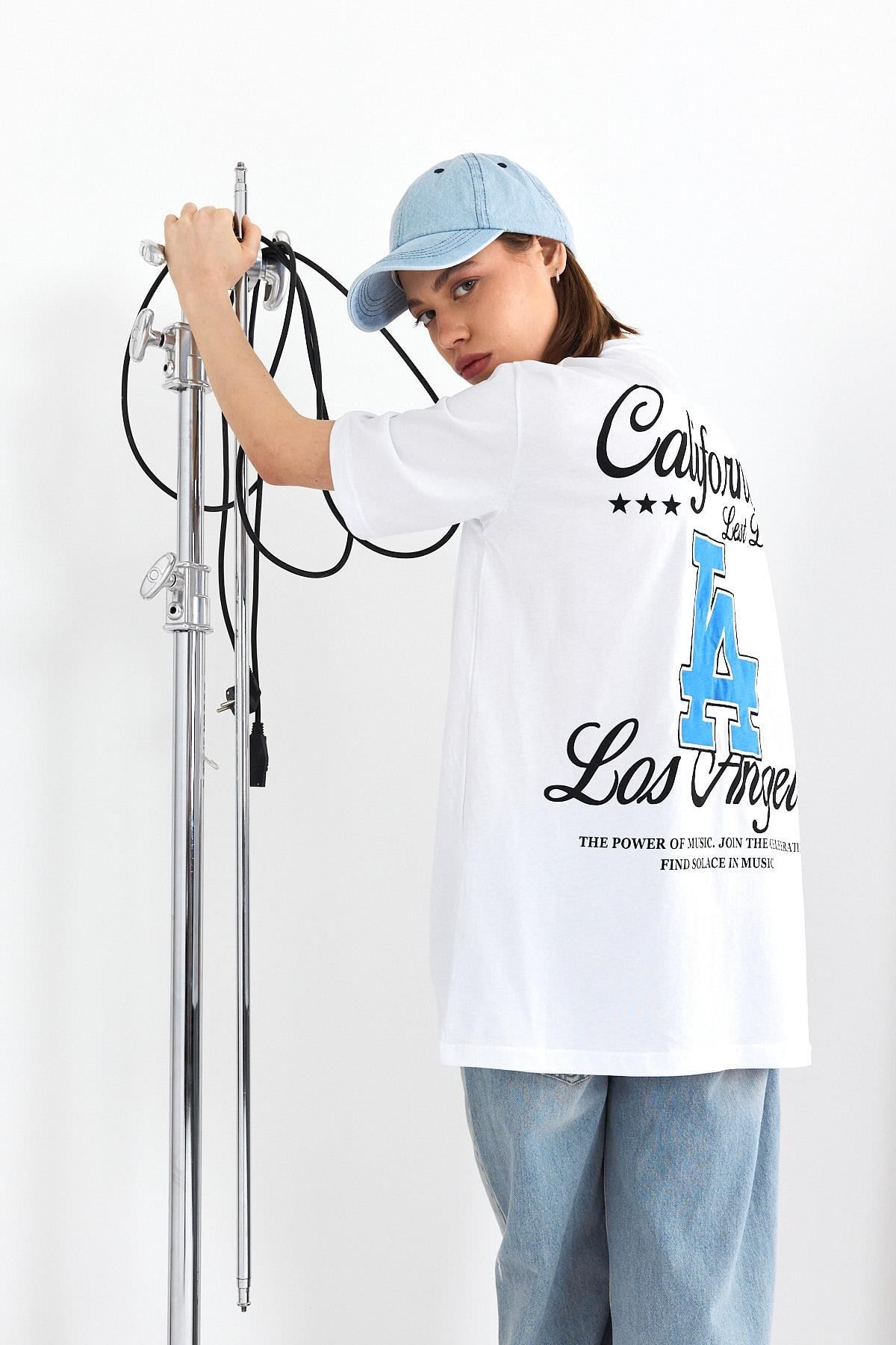 Beyaz LA  Baskılı California Yazılı Oversize Tişört 5197
