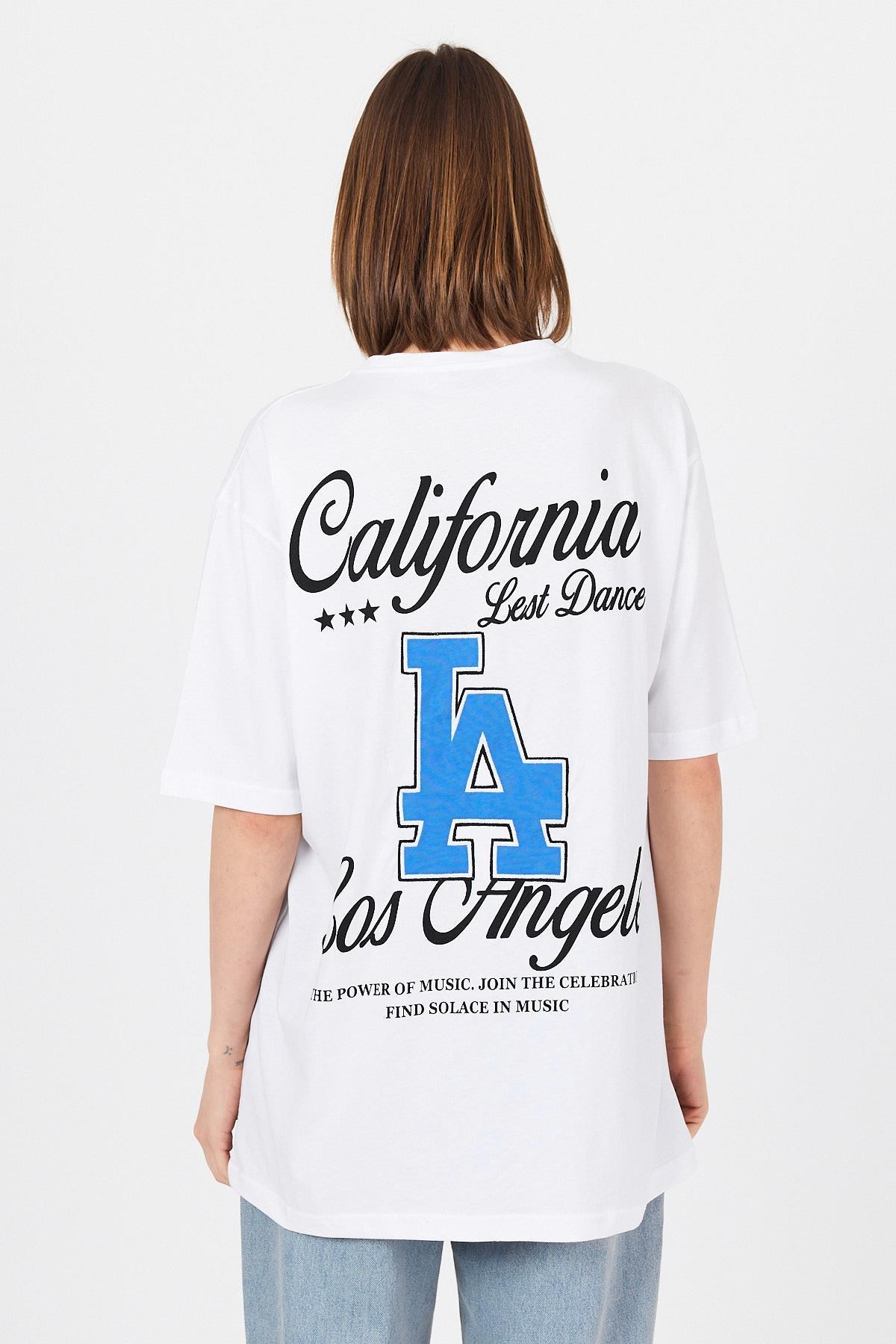 Beyaz LA  Baskılı California Yazılı Oversize Tişört 5197