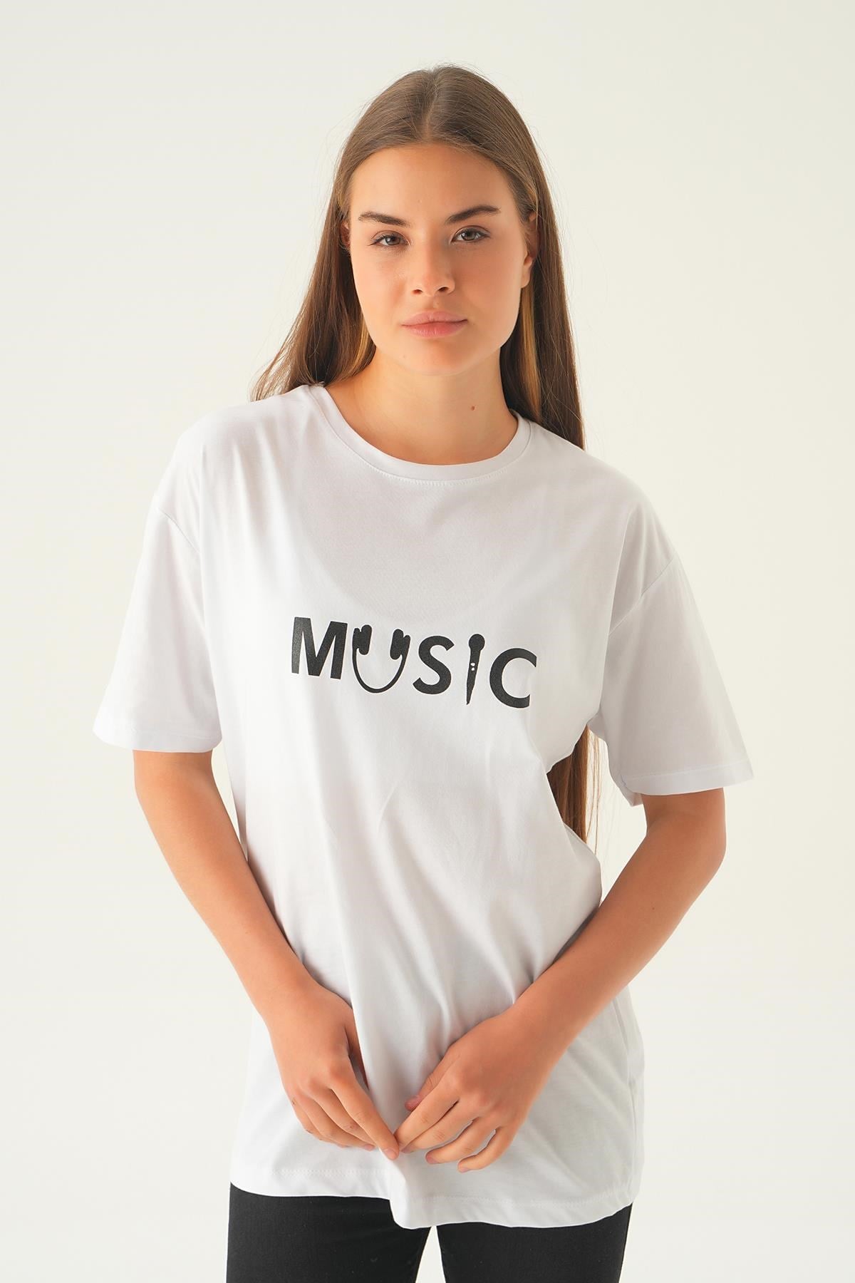Beyaz Music Baskı Oversize Tişört 1717