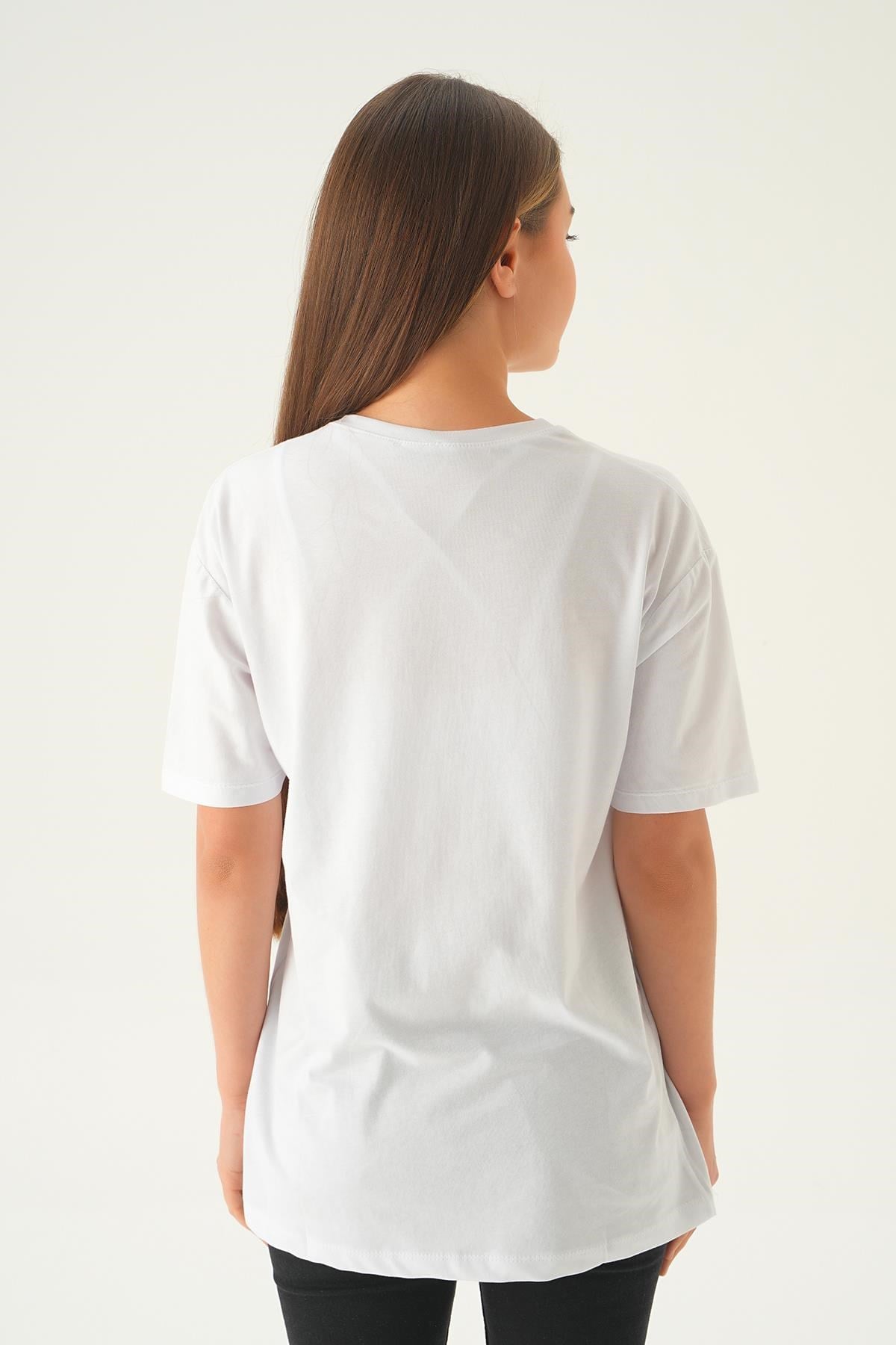Beyaz Music Baskı Oversize Tişört 1717