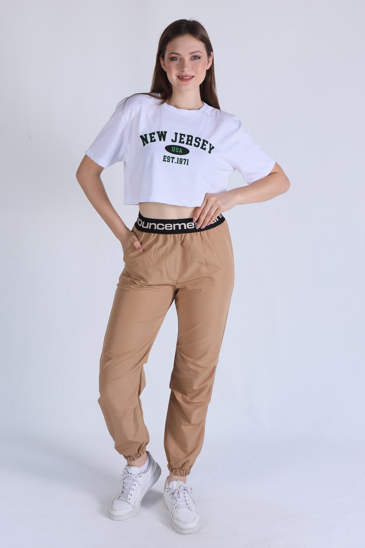 Beyaz New Jersey Baskı Crop Tişört 5162