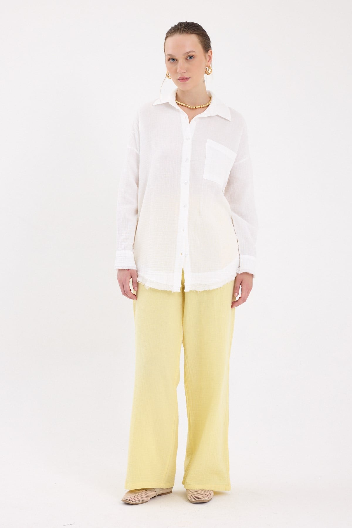 Beyaz Oversize %100 Pamuk Müslin Gömlek 4786A