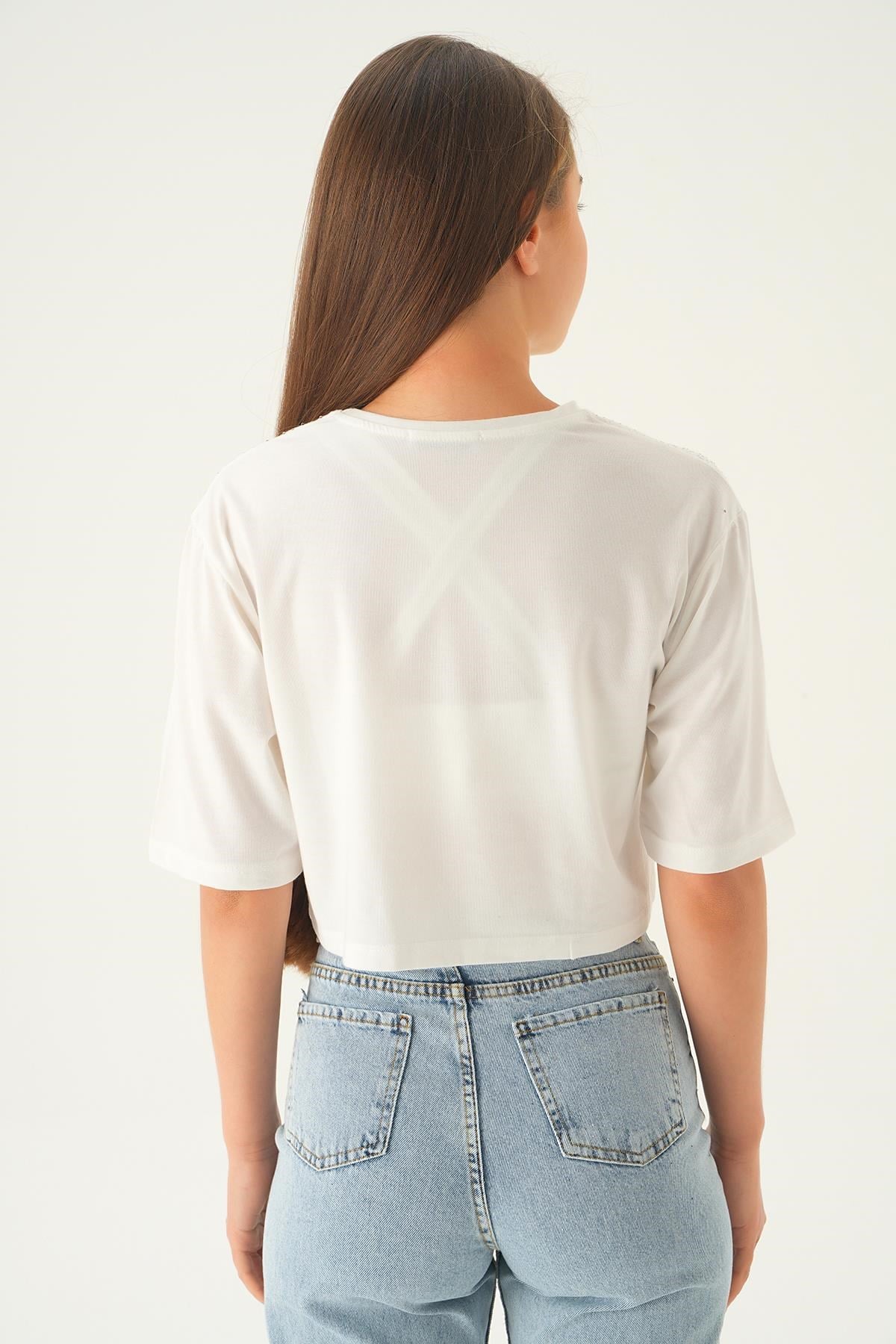 Beyaz Oversize Taşlı Tişört 21569