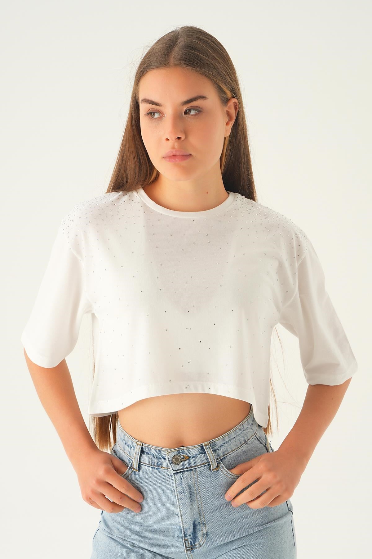 Beyaz Oversize Taşlı Tişört 21569