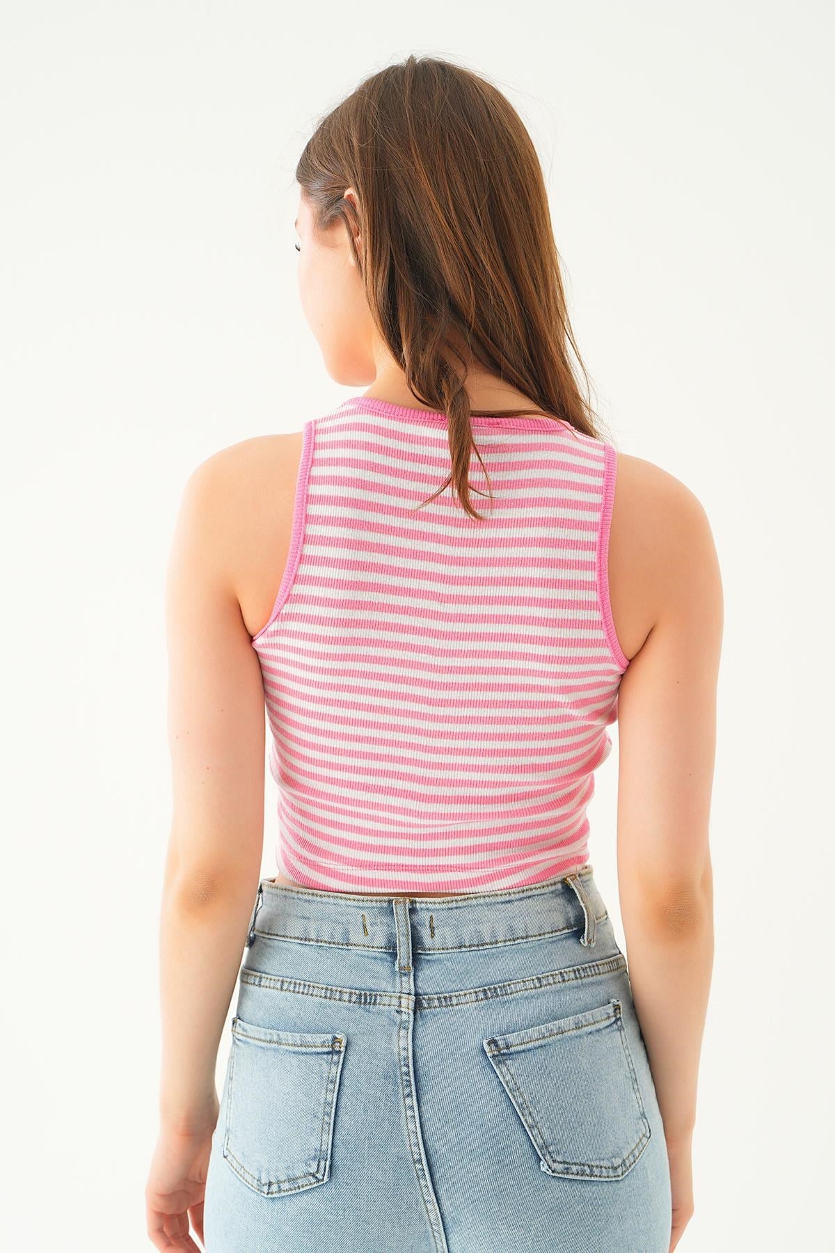Beyaz Pembe Fitilli Crop Kadın Atlet 1312