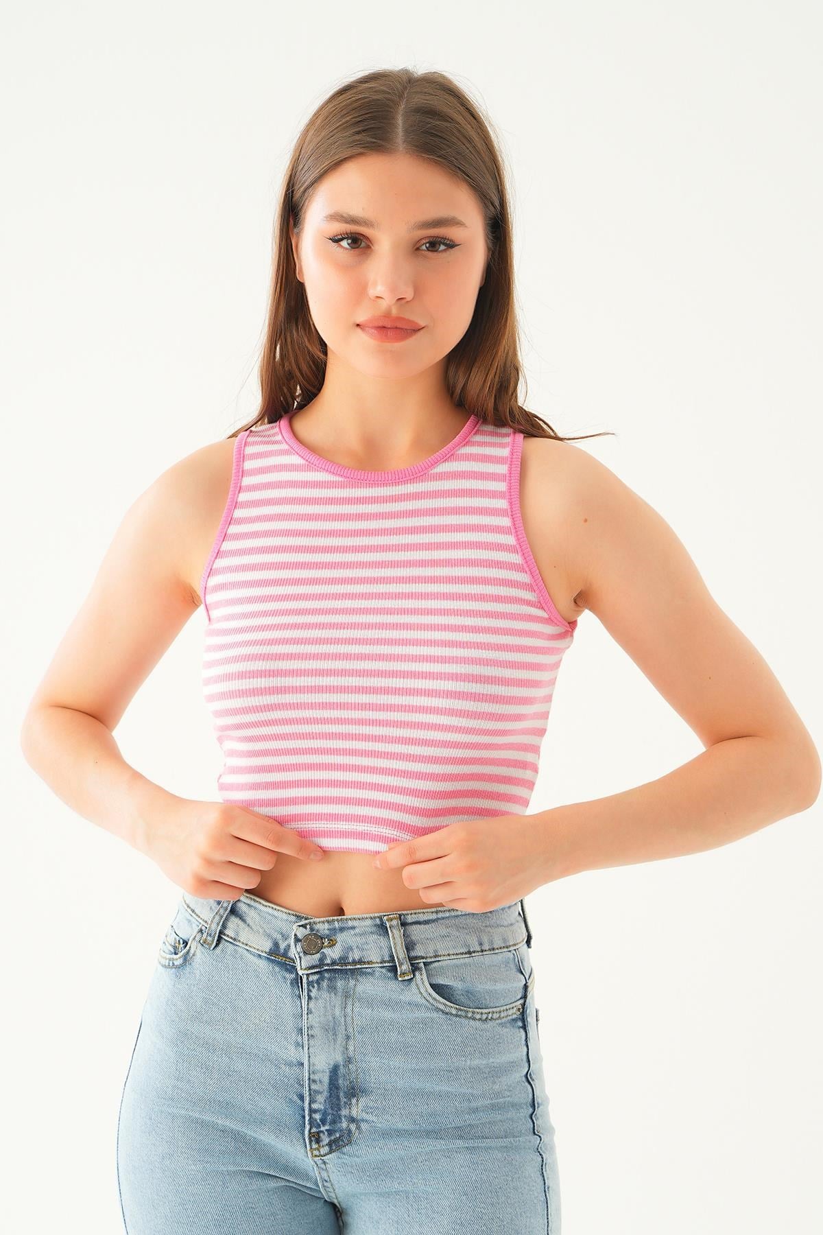 Beyaz Pembe Fitilli Crop Kadın Atlet 1312