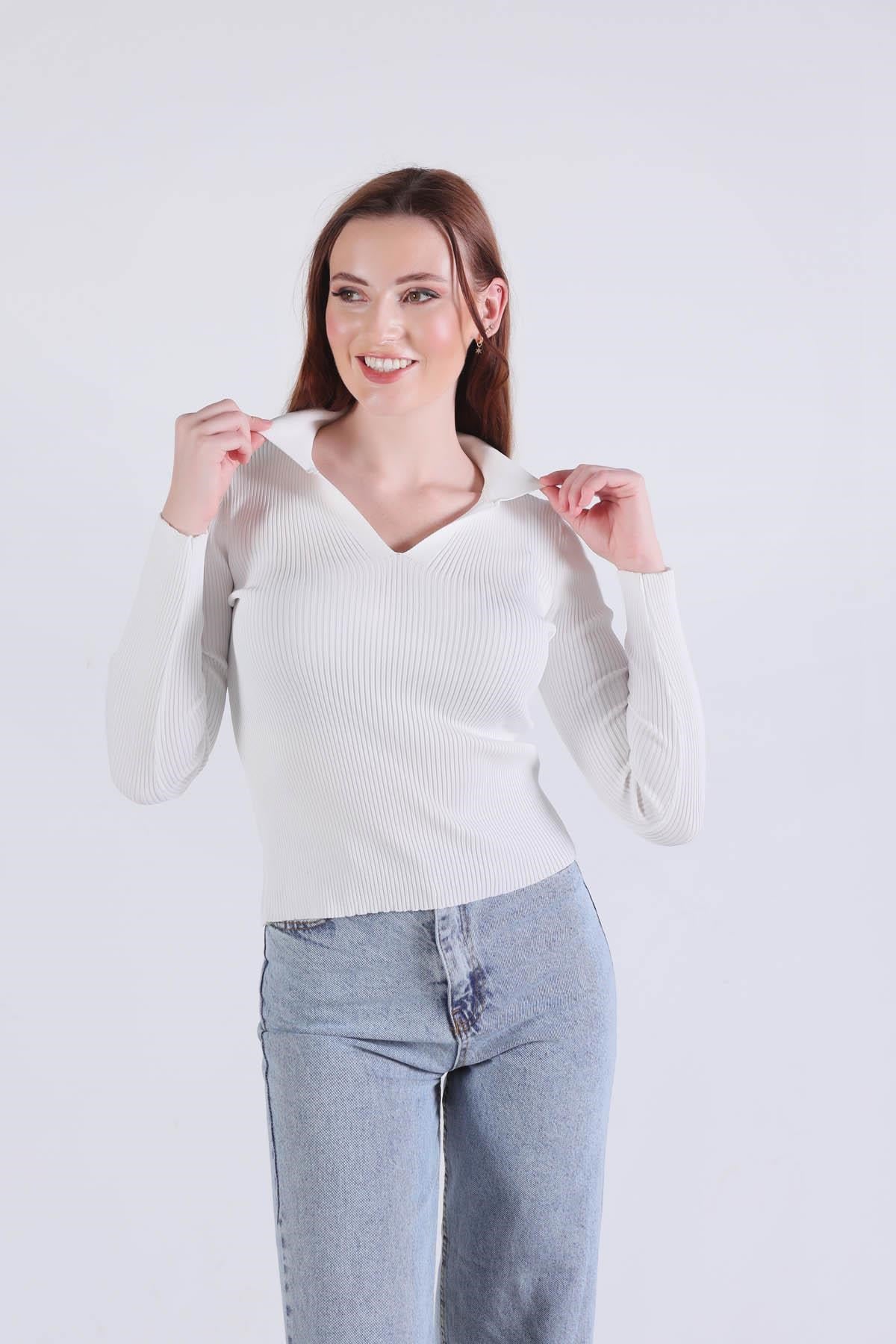 Beyaz Polo Yaka Kazak 0033
