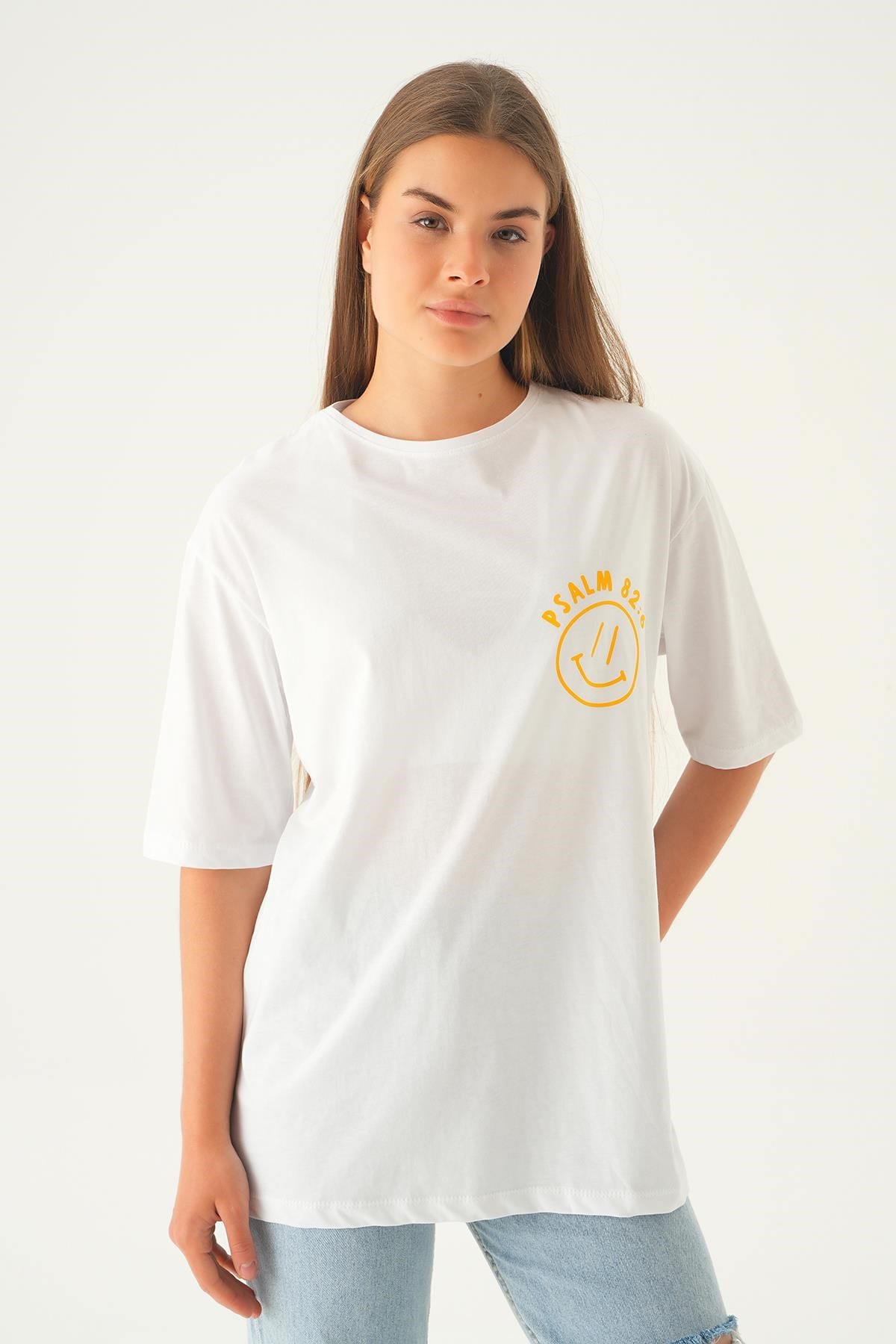 Beyaz Psalm Baskı Oversize Tişört 1702