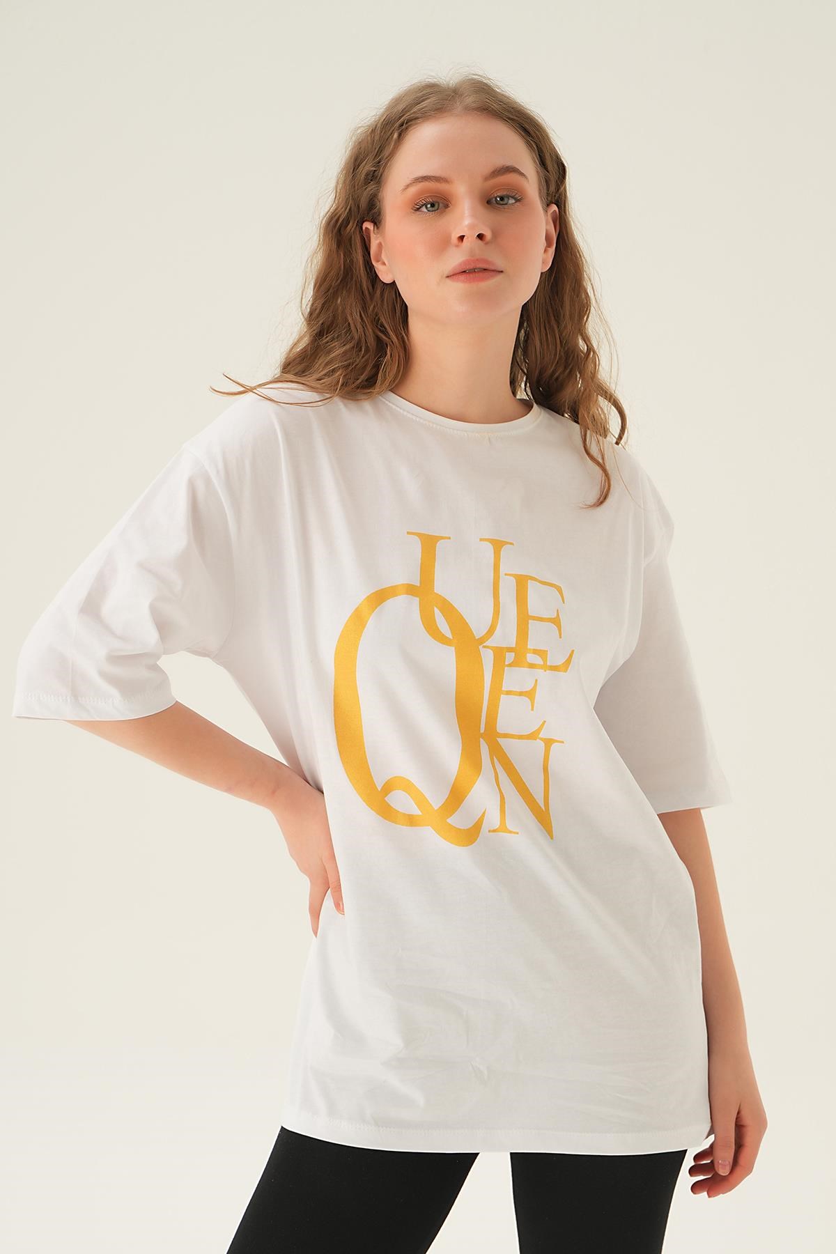 Beyaz Queen Baskı Oversize Tişört 1703