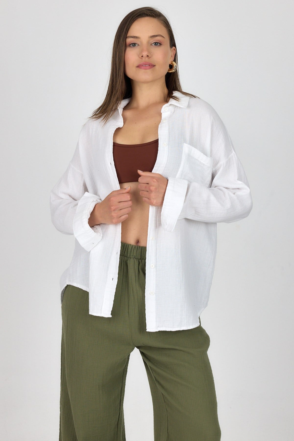 Beyaz Tek Cepli %100 Pamuk Oversize Müslin Gömlek 4697A