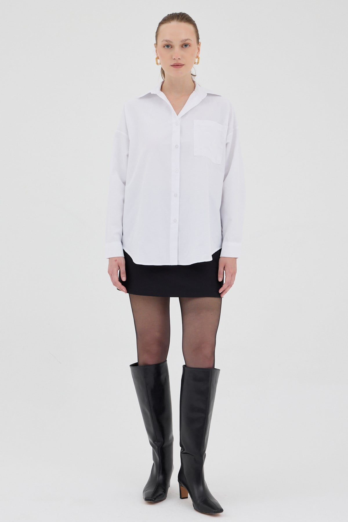 Beyaz Tek Cepli Oversize Gömlek 8158A