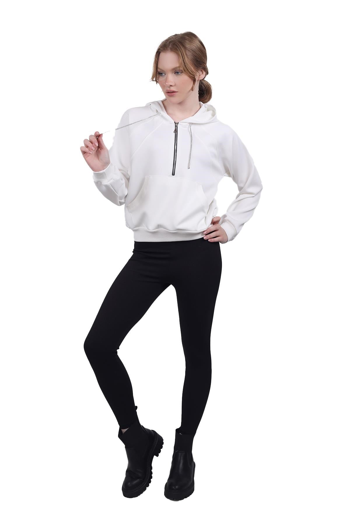 Beyaz Yarım Fermuar Detay Sweat 9162M