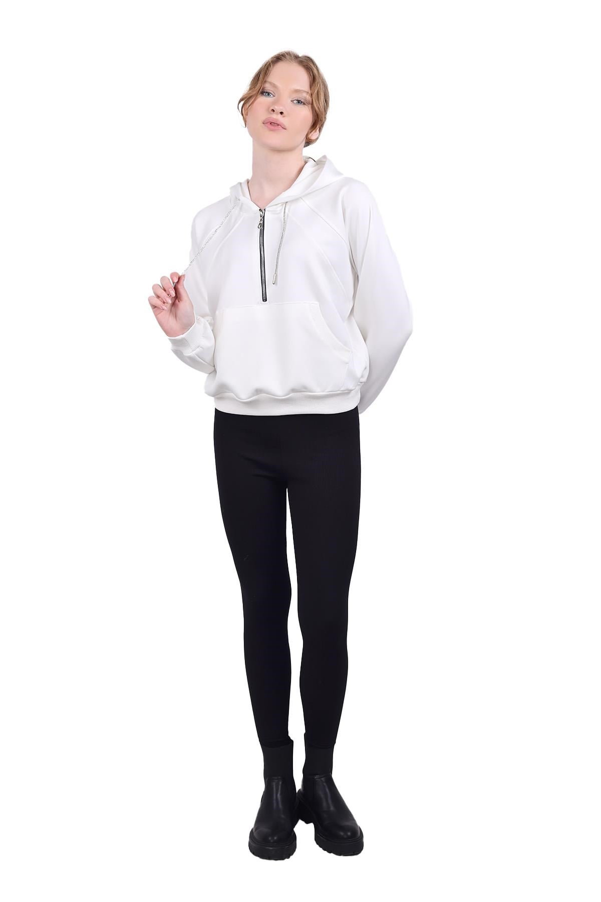 Beyaz Yarım Fermuar Detay Sweat 9162M