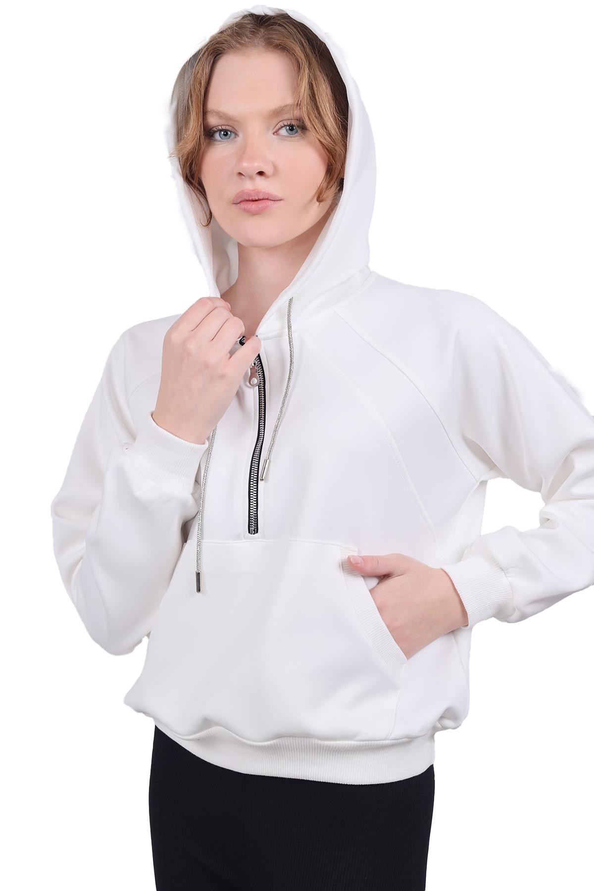 Beyaz Yarım Fermuar Detay Sweat 9162M