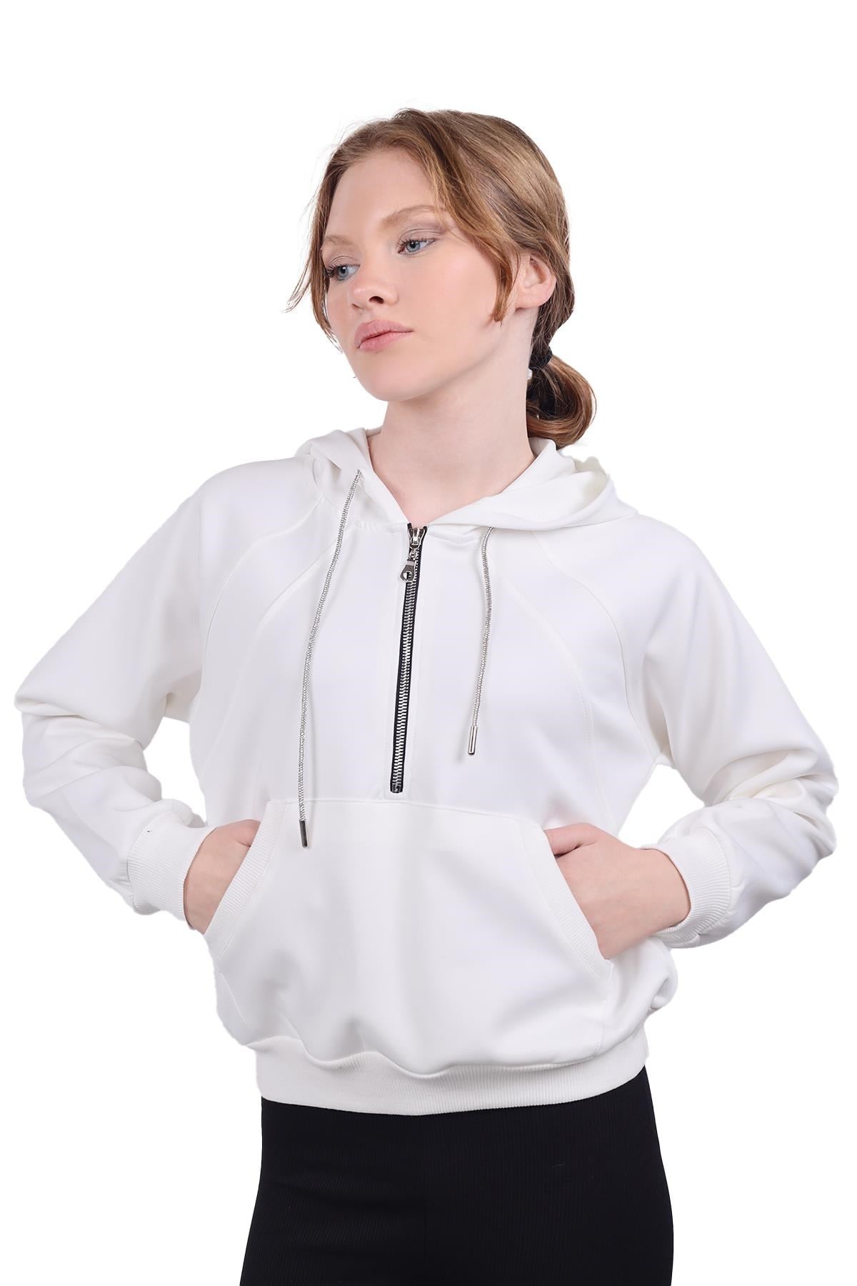 Beyaz Yarım Fermuar Detay Sweat 9162M