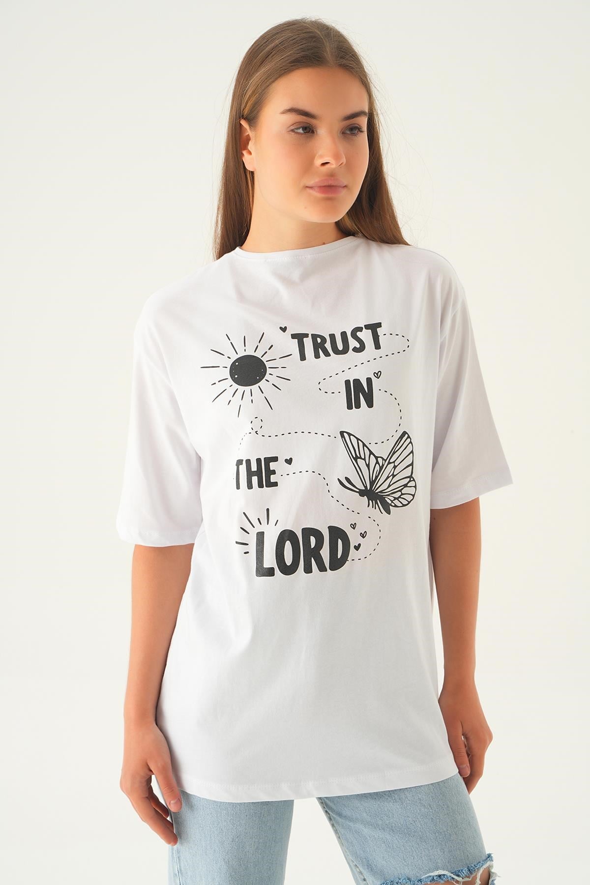 Beyaz Yazı Baskı Oversize Tişört 1706