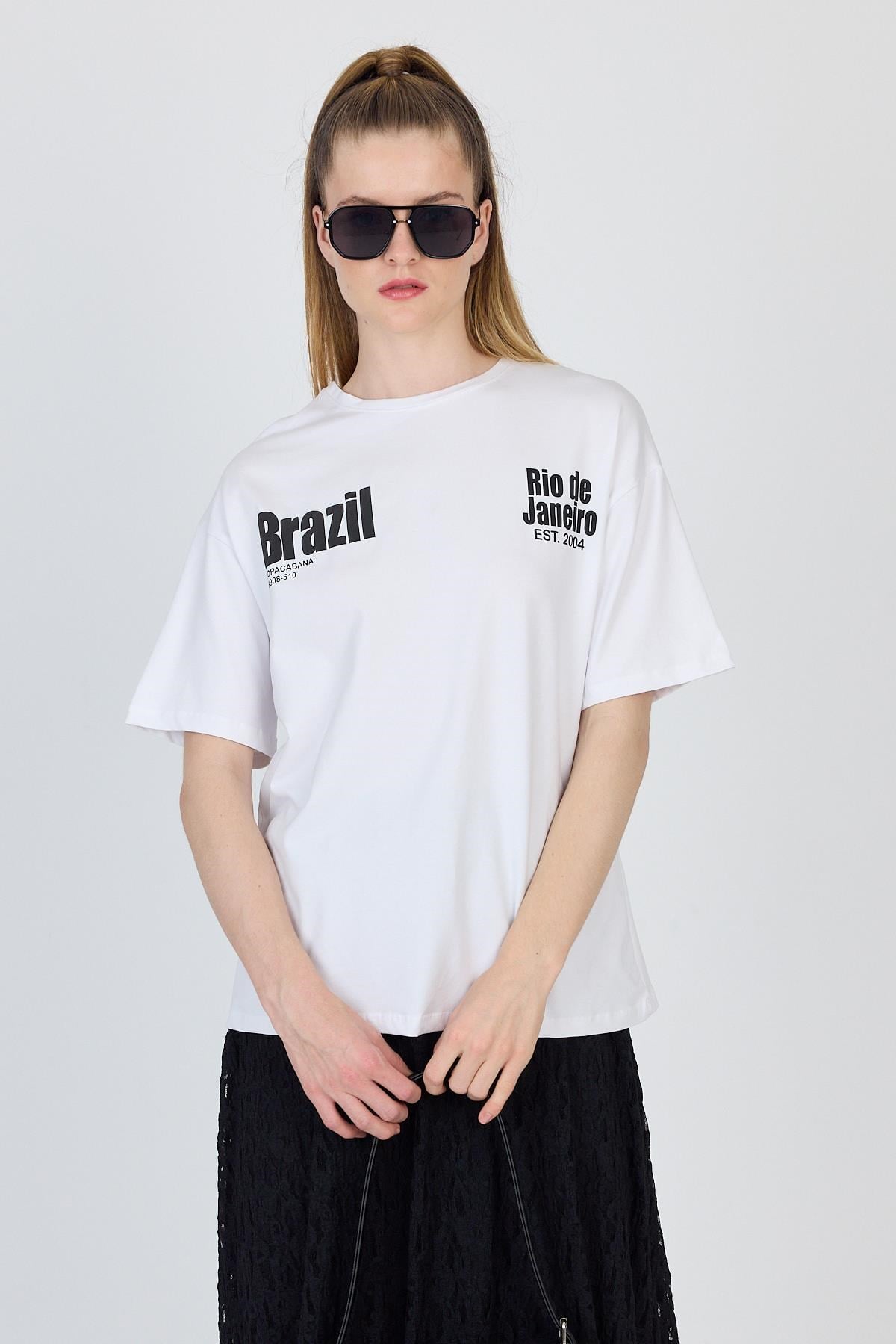 Beyaz Yazı Baskılı %100 Pamuk Oversize Tişört 6403