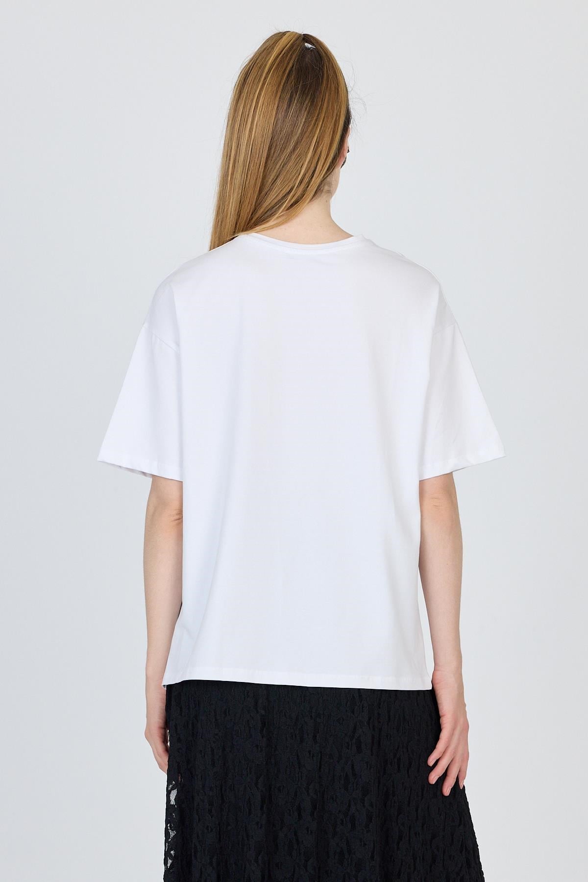 Beyaz Yazı Baskılı %100 Pamuk Oversize Tişört 6403