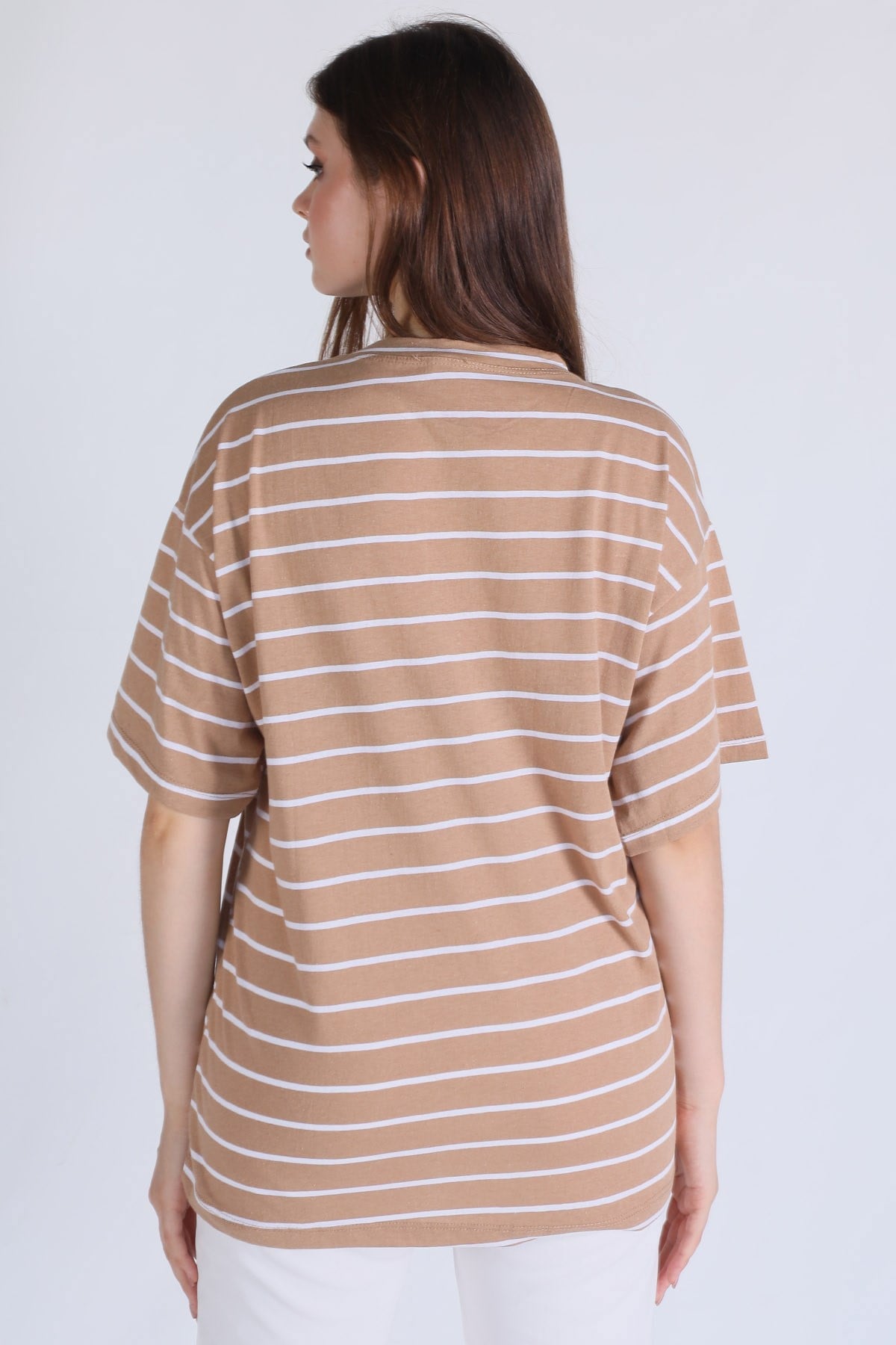 Bisküvi Çizgili Oversize Tişört 23350