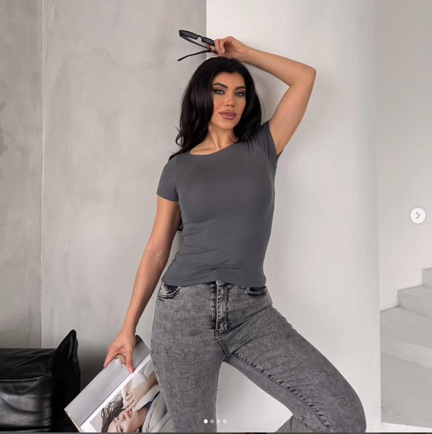 Bluz-Antrasit Bisiklet Yaka Viskoz/Yumuşak Kumaş Tişört 1469-rulem