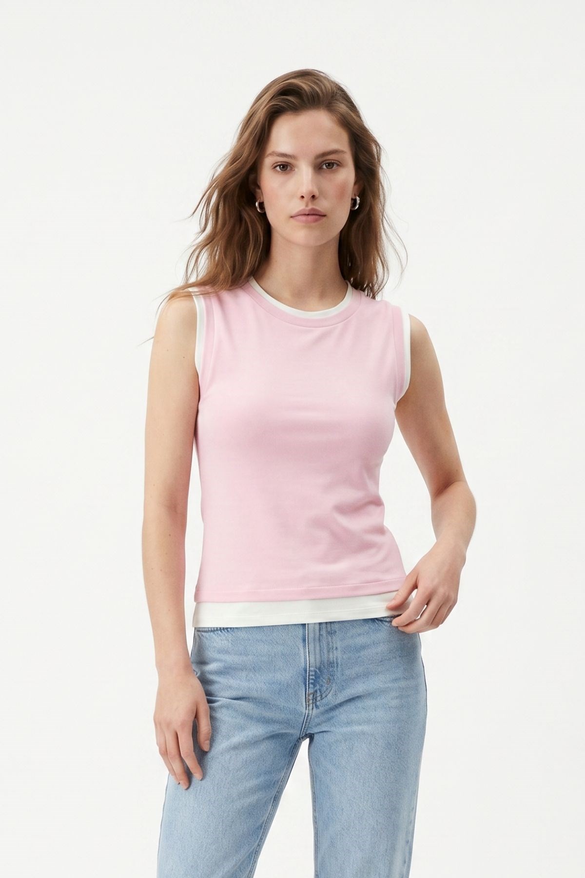 Bluz-Bisiklet Yaka Çift Görünümlü Bluz 8355A Pembe -rulem