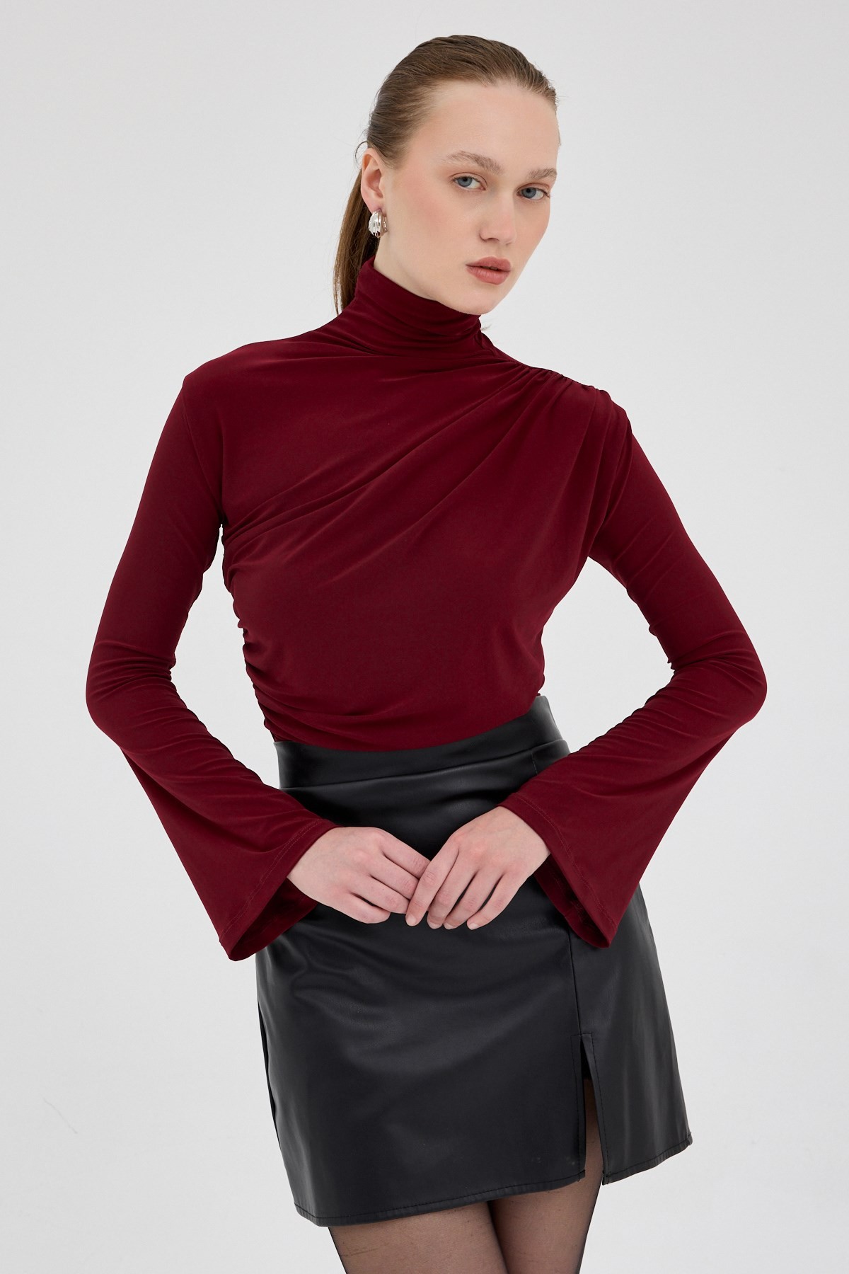 Bluz-Bordo Balıkçı Yaka Drapeli Bluz 2517-rulem