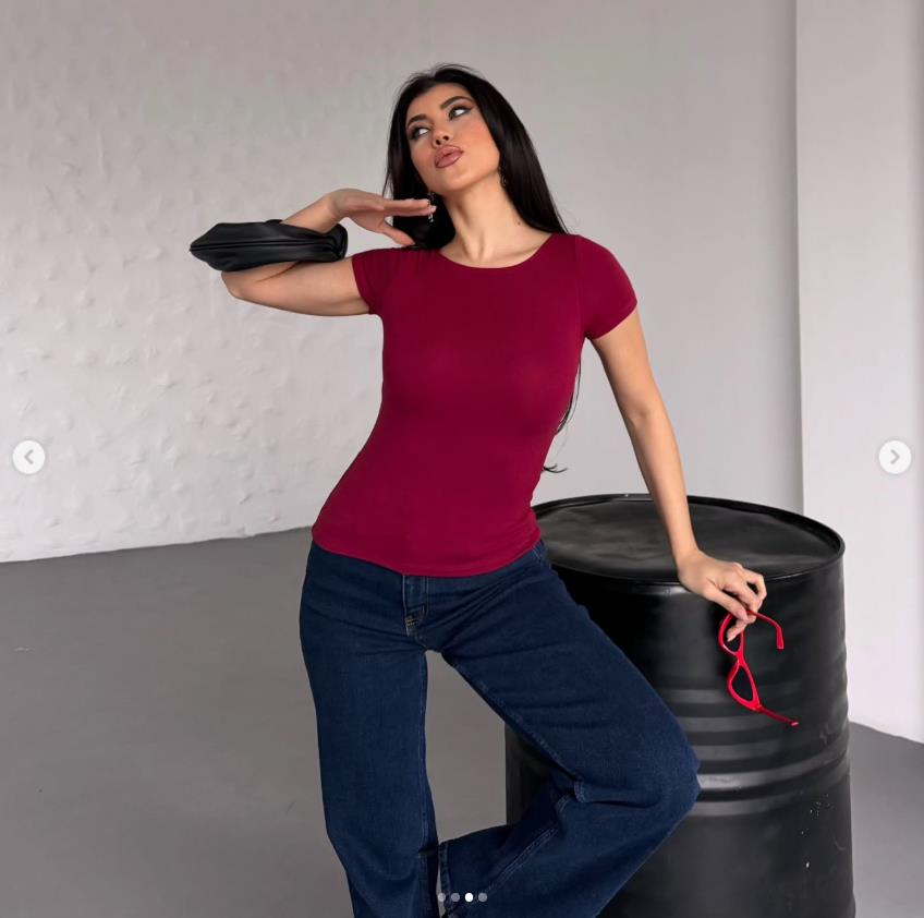 Bluz-Bordo Bisiklet Yaka Viskoz/Yumuşak Kumaş Tişört 1469-rulem