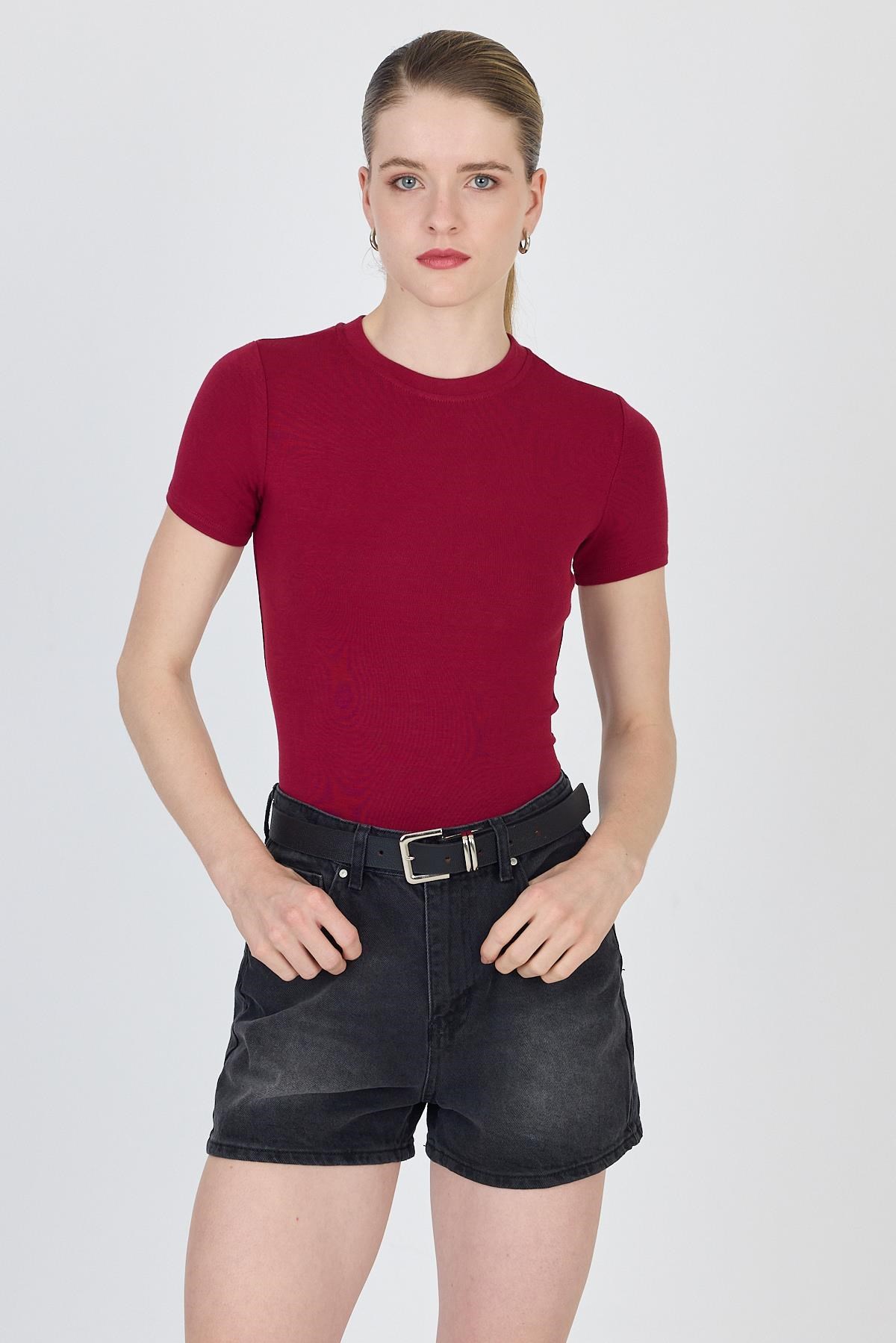 Bluz-Bordo Bisiklet Yaka Viskoz/Yumuşak Kumaş Slim Fit Tişört 1468-rulem