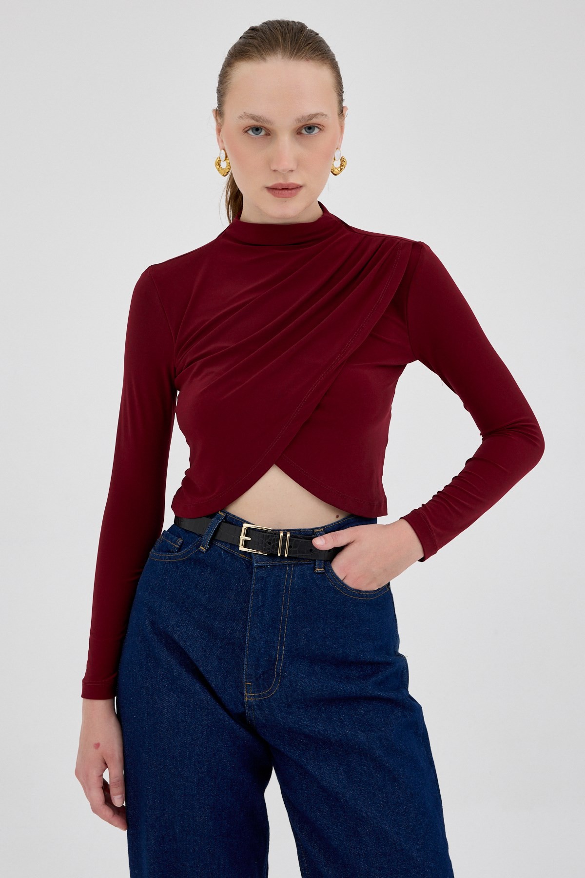 Bluz-Bordo Drapeli Yüksek Yaka Uzun Kollu Bluz 2379-rulem