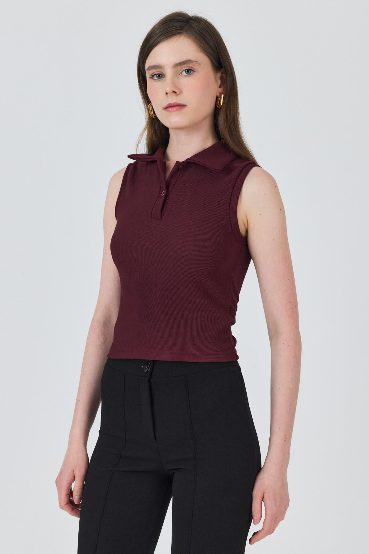 Bluz-Bordo Düğmeli Polo Yaka Sıfır Kol Örme Bluz 2219-rulem