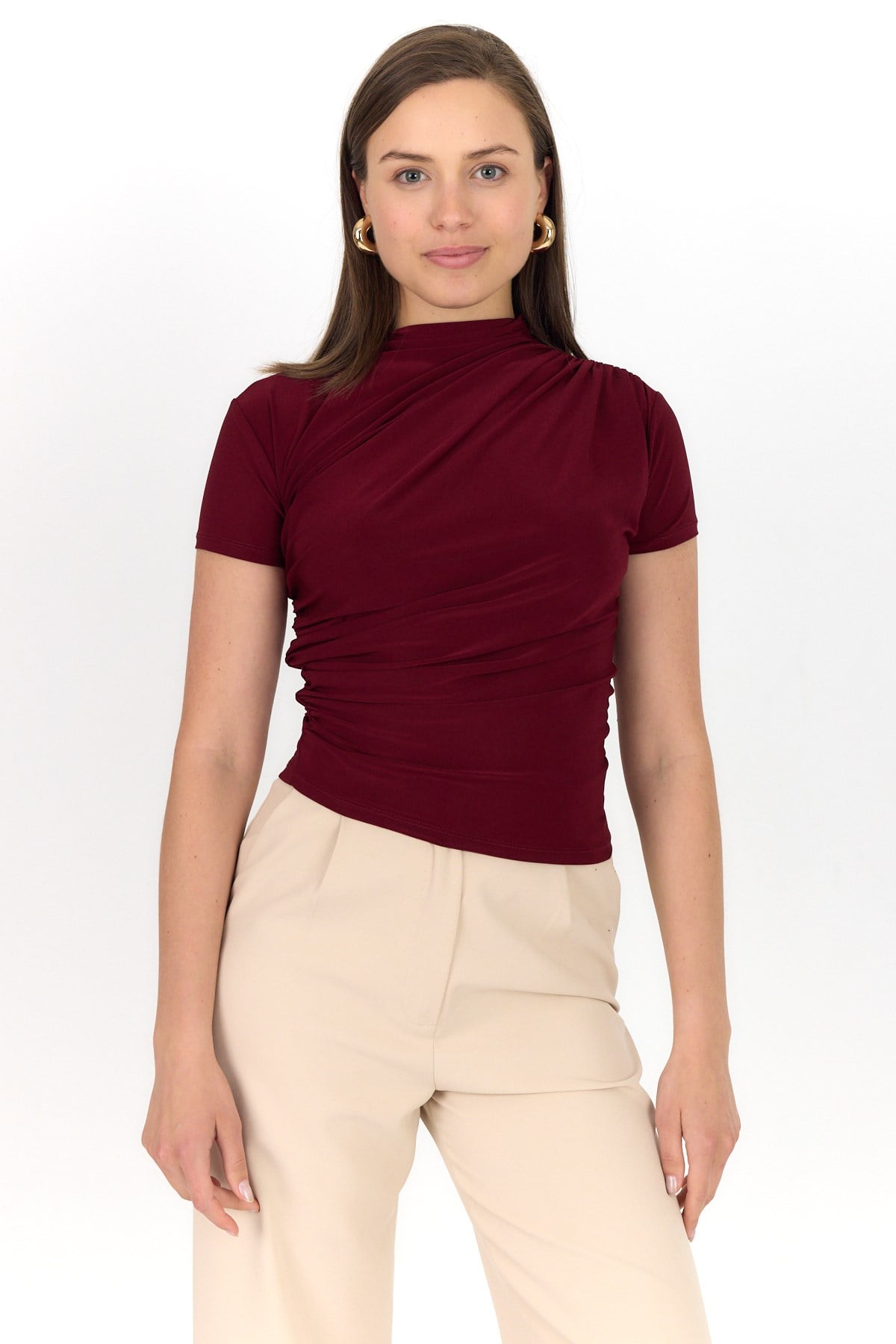 Bluz-Bordo Kısa Kol Büzgülü Sandy Bluz 2417-rulem