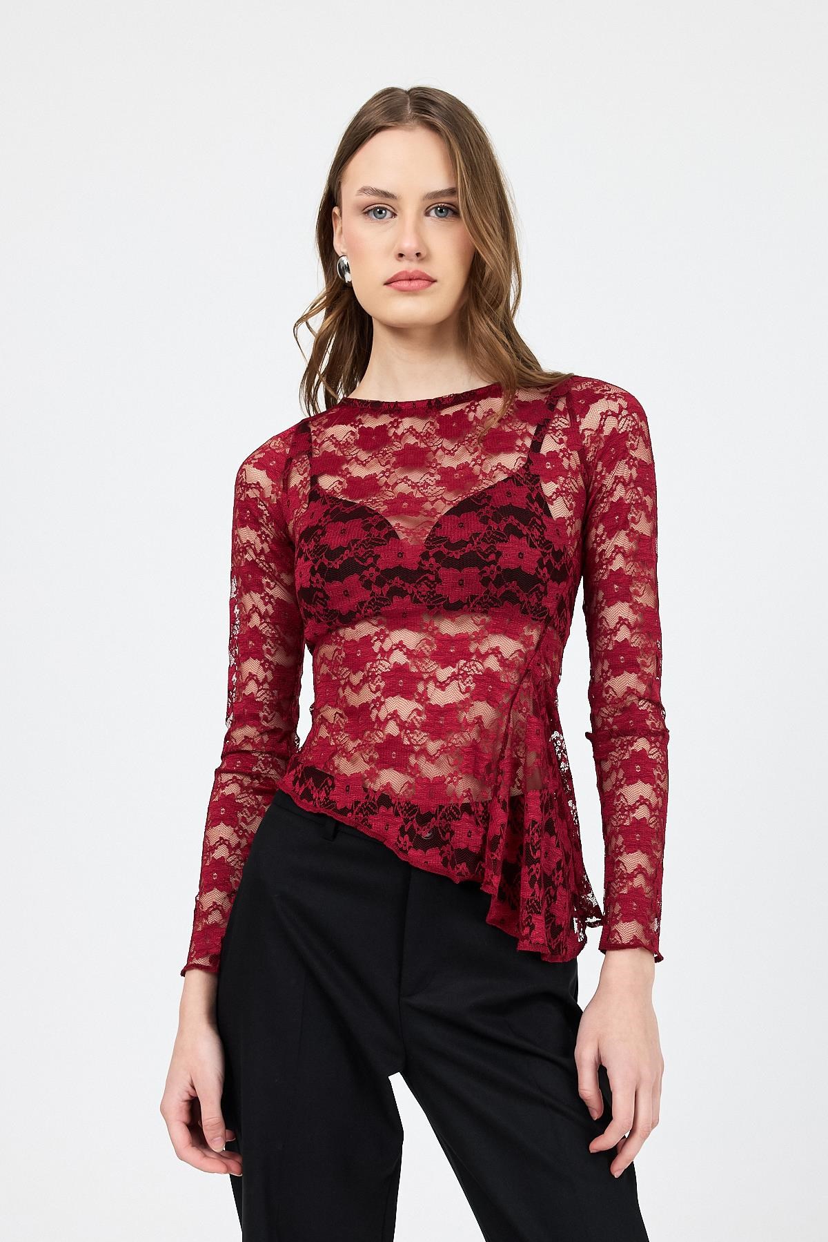 Bluz-Bordo Uzun Kollu Transparan Dantel Bluz 13288-rulem