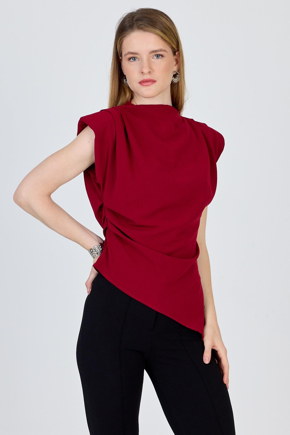 Bluz-Bordo Vatkalı Asimetrik Kesim Kolsuz Bluz 242185-rulem