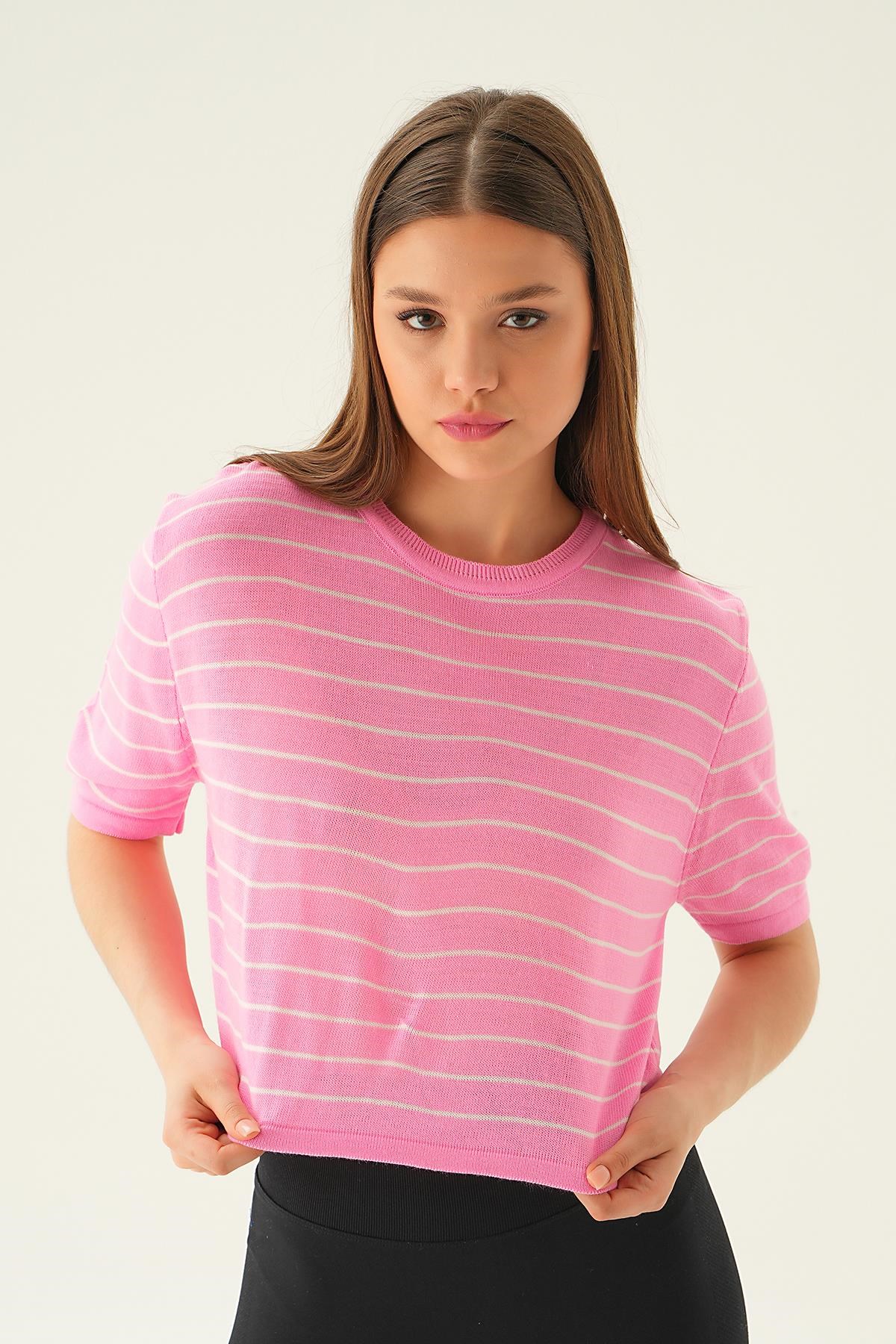 Bluz-Çizgili Tişört 1488 Pembe -rulem