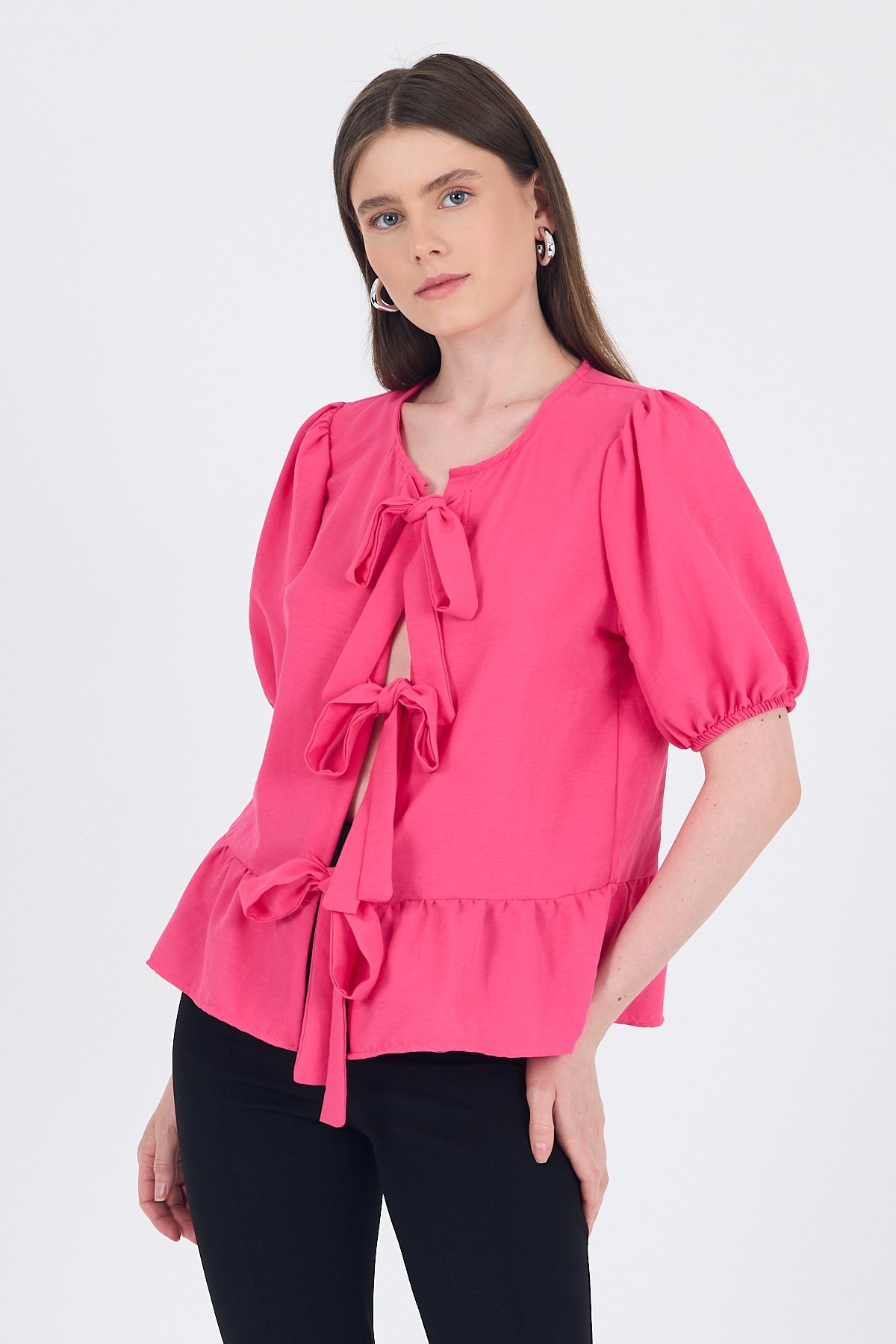 Bluz-Fuşya Bağlama Detaylı Balon Kollu Bluz 4334A-rulem