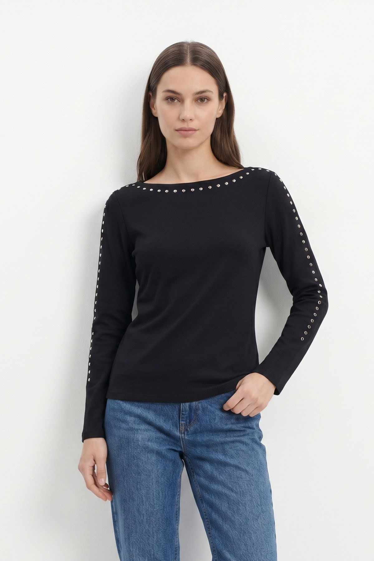 Bluz-Kayık Yaka Taş Detay Bluz 8283 Siyah -rulem