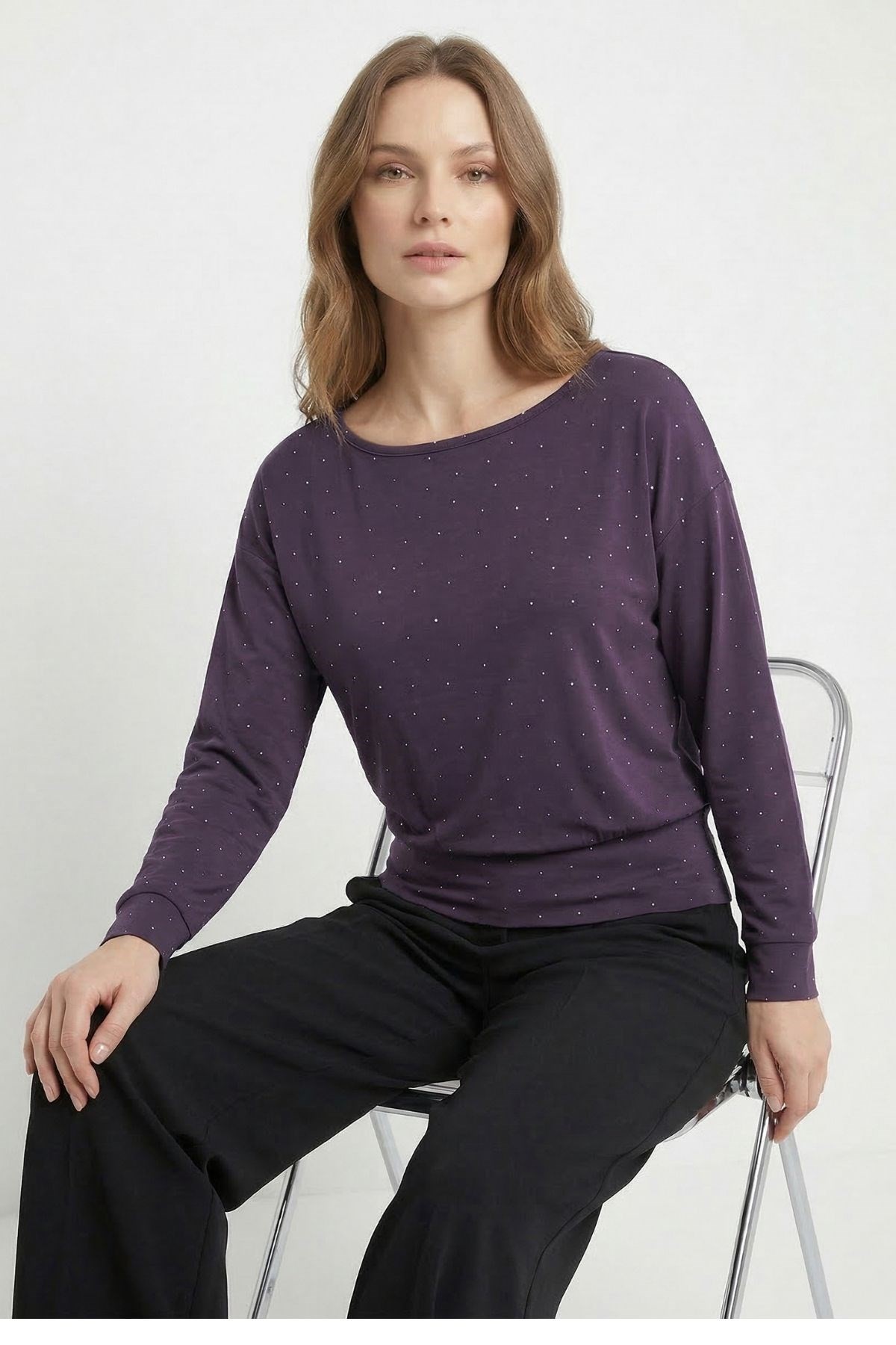 Bluz-Kayık Yaka Taş Detaylı Bluz 8364 Mürdüm -rulem