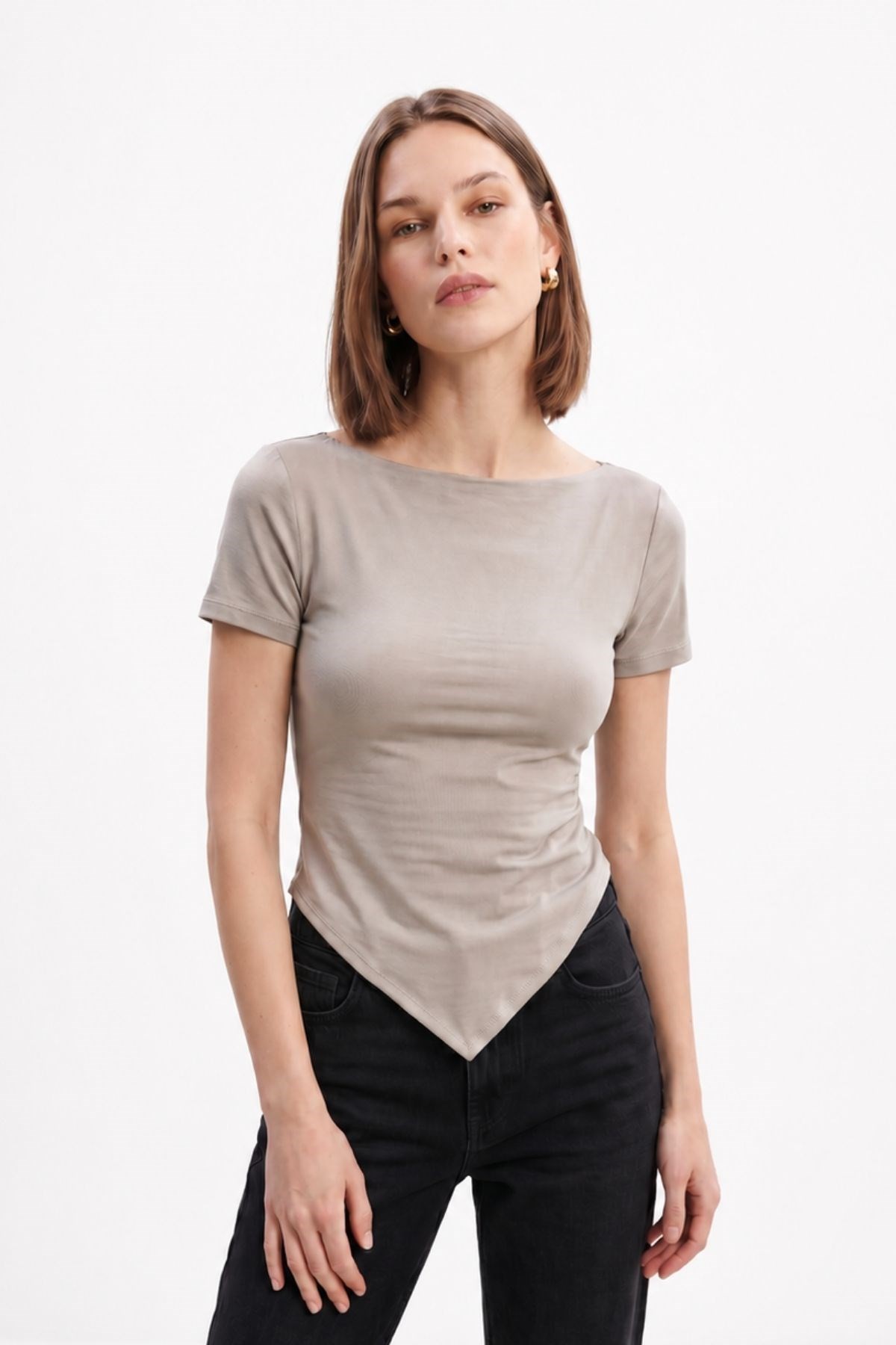 Bluz-Kayık Yaka Yandan Büzgülü Kadın Bluz 0459 Taş -rulem