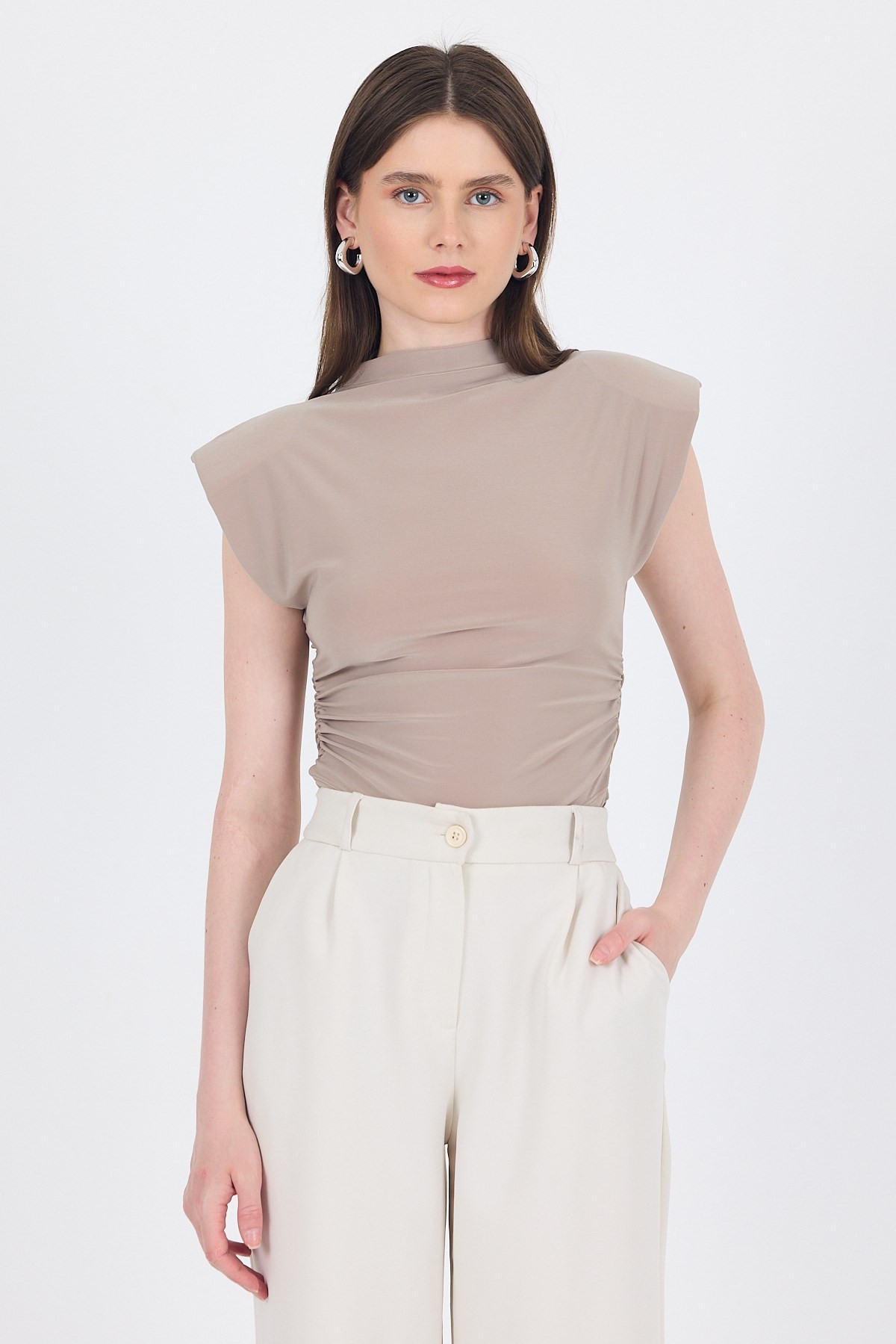Bluz-Koyu Taş Vatkalı Dik Yaka Drapeli Bluz 13185-rulem