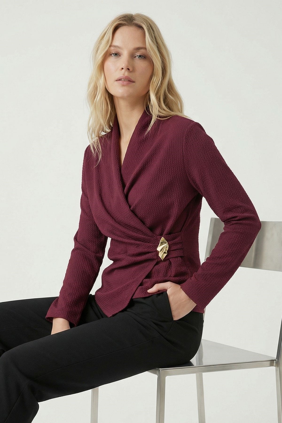 Bluz-Kruvaze Yaka Bluz 251298 Bordo -rulem