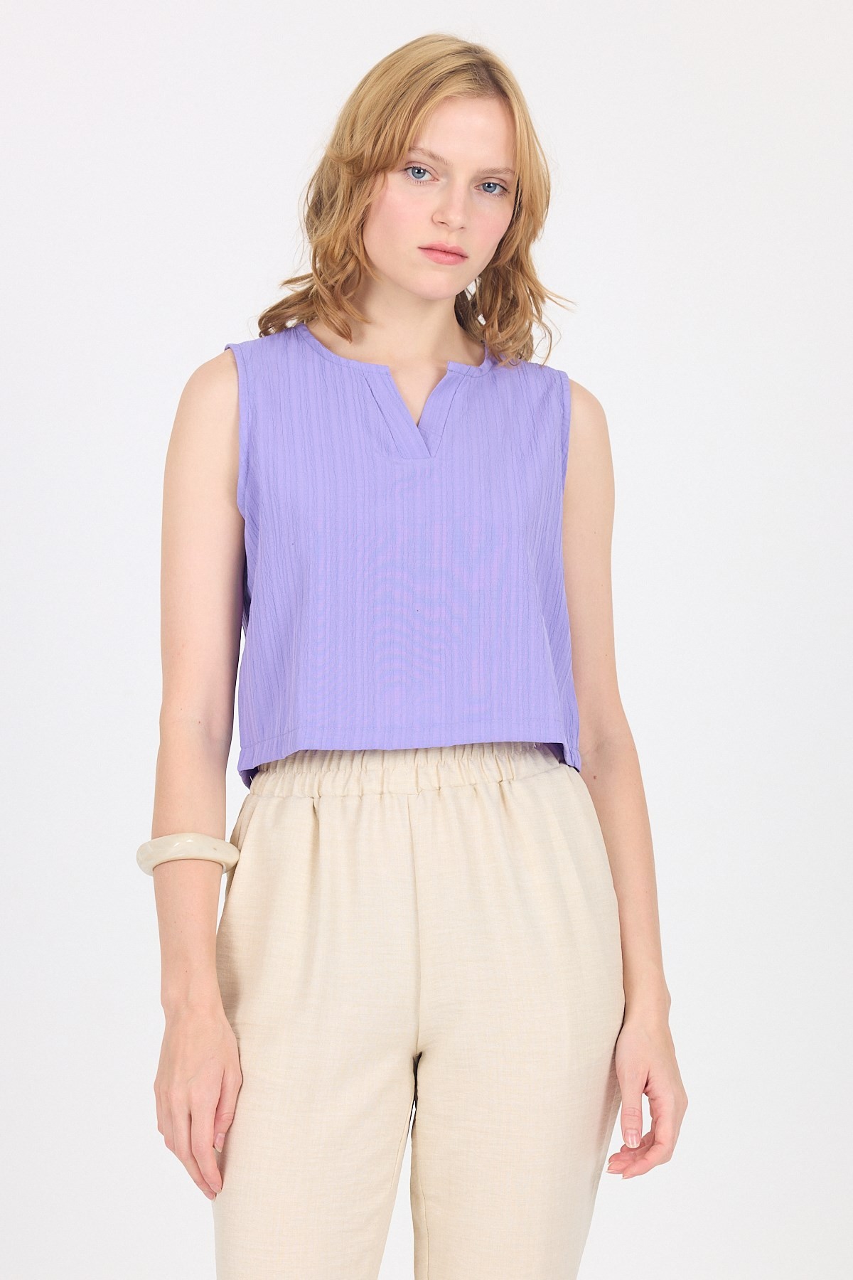 Bluz-Lila V Yaka Kolsuz Crop Bluz 8027-rulem