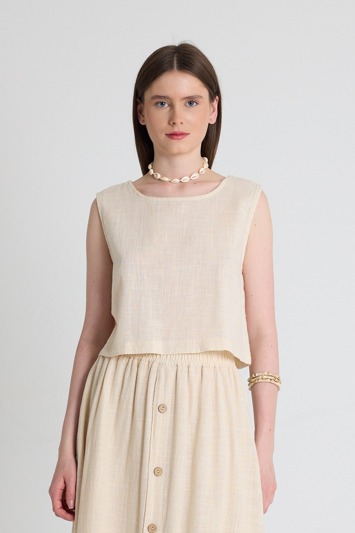 Bluz-Natural Keten Görünümlü %100 Pamuk Kolsuz Crop Bluz 3419-1-rulem