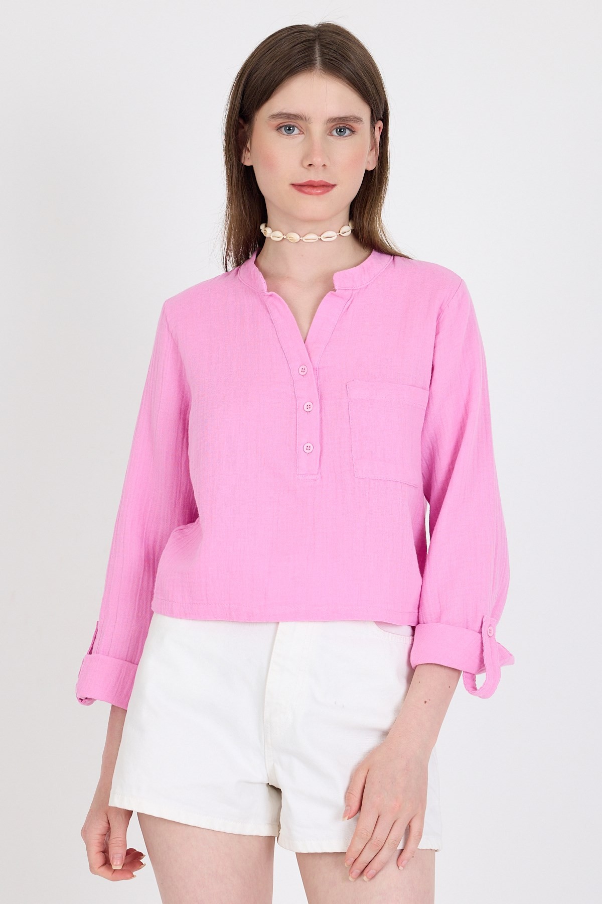 Bluz-Pembe %100 Pamuk Keten Görünümlü Hakim Yaka Crop Gömlek 4702A-rulem