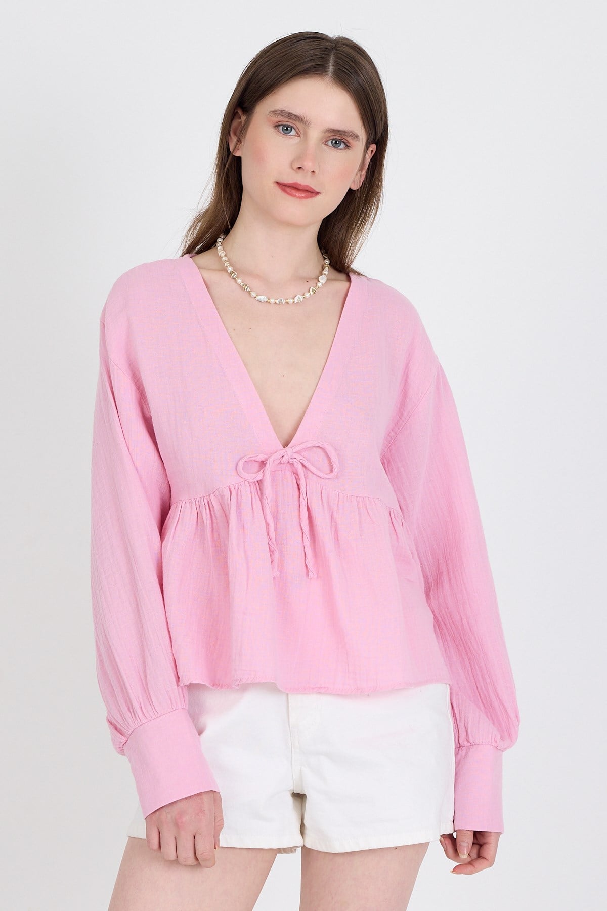 Bluz-Pembe %100 Pamuk V Yaka Ön Bağlama Detaylı Bluz 4784A-rulem