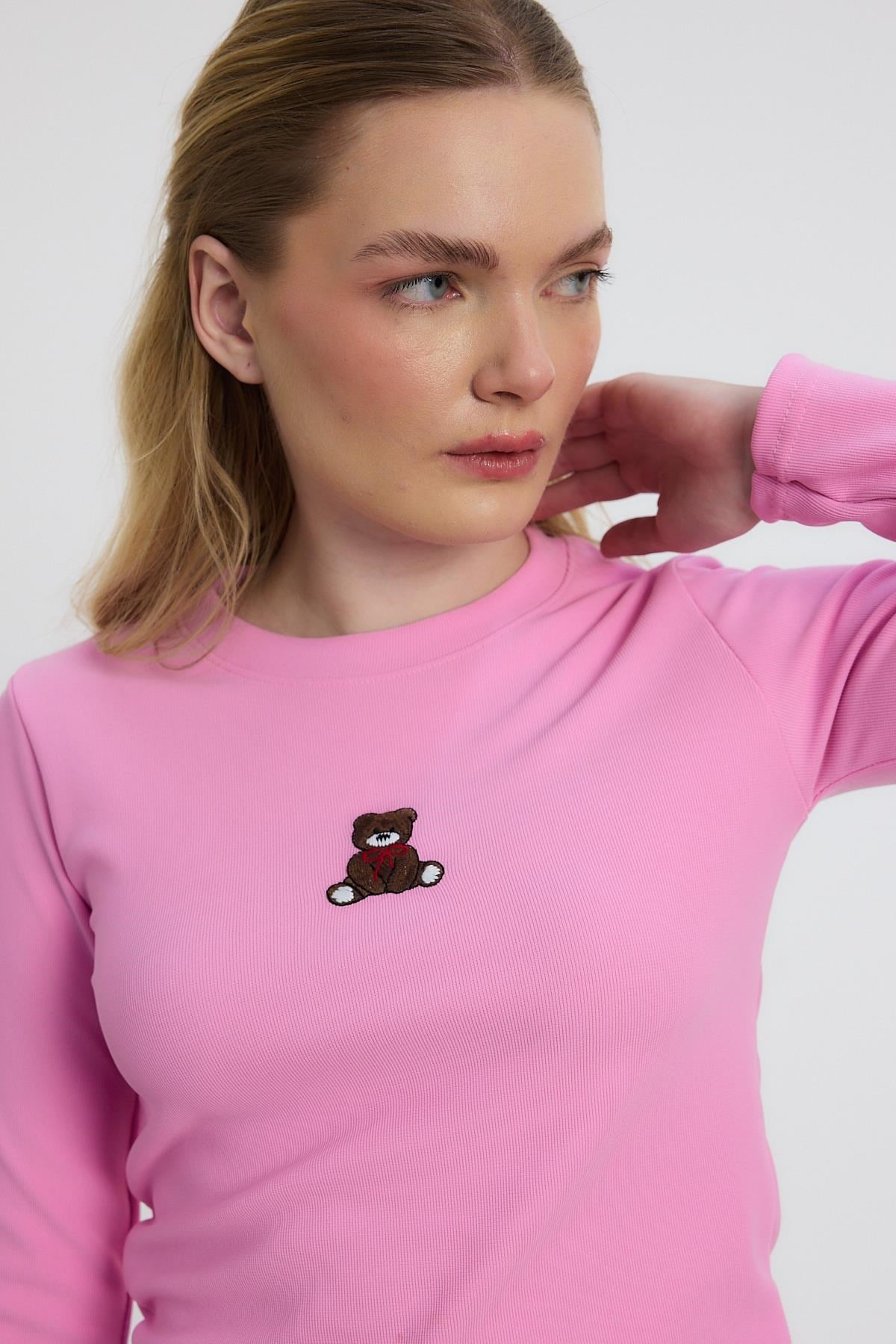 Bluz-Pembe Ayıcık Nakışlı Bisiklet Yaka Bluz 2200-rulem
