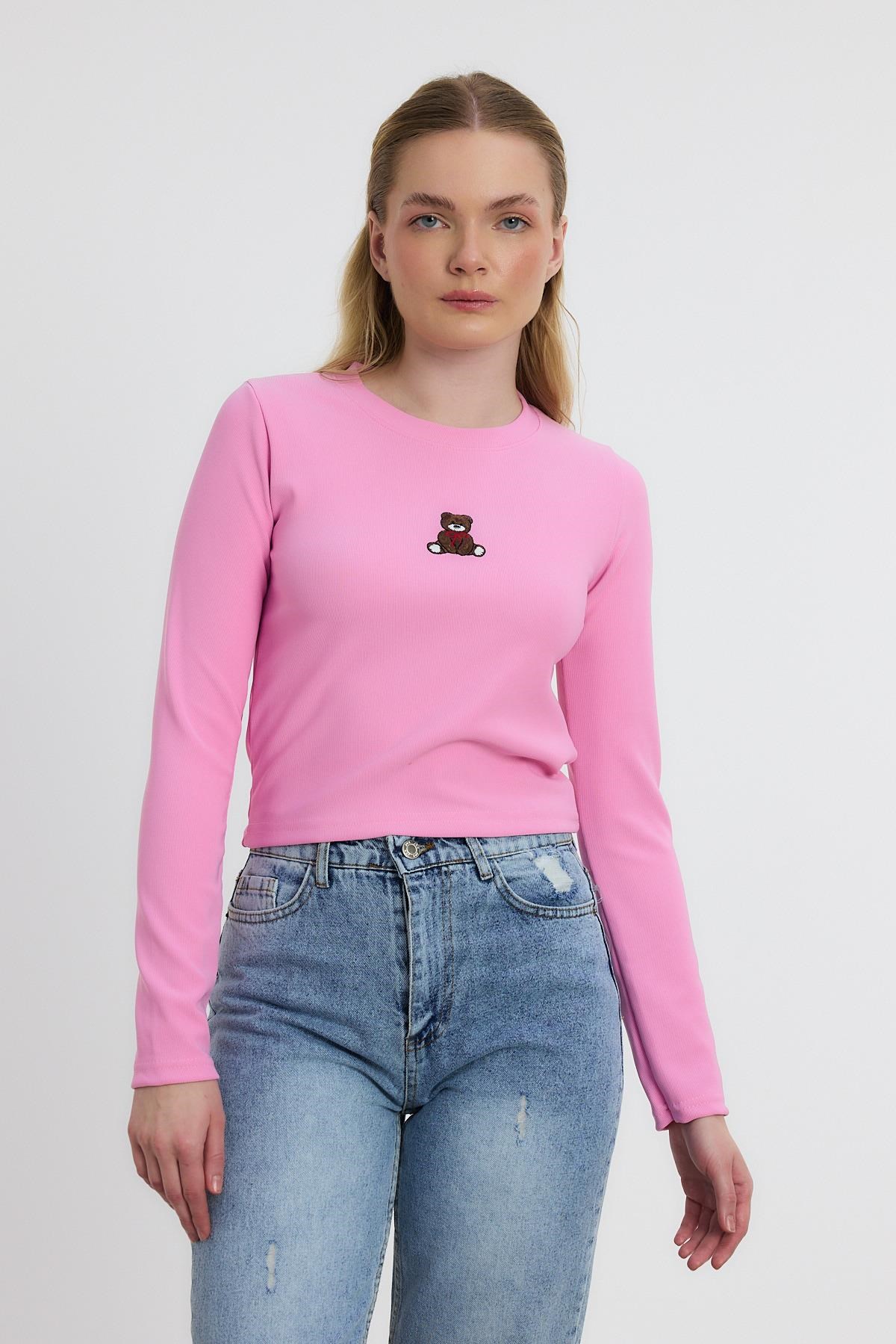 Bluz-Pembe Ayıcık Nakışlı Bisiklet Yaka Bluz 2200-rulem