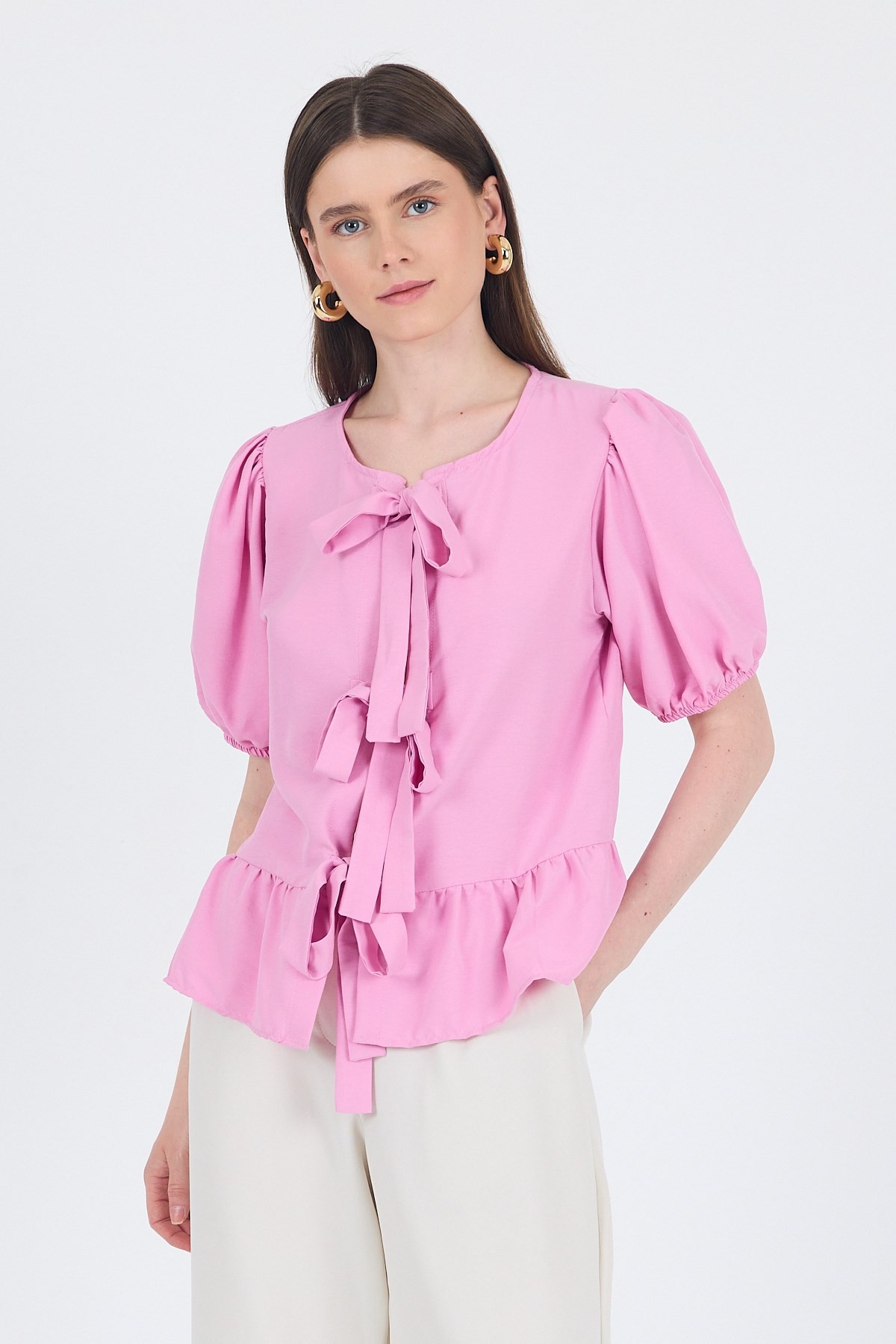 Bluz-Pembe Bağlama Detaylı Balon Kollu Bluz 4334A-rulem